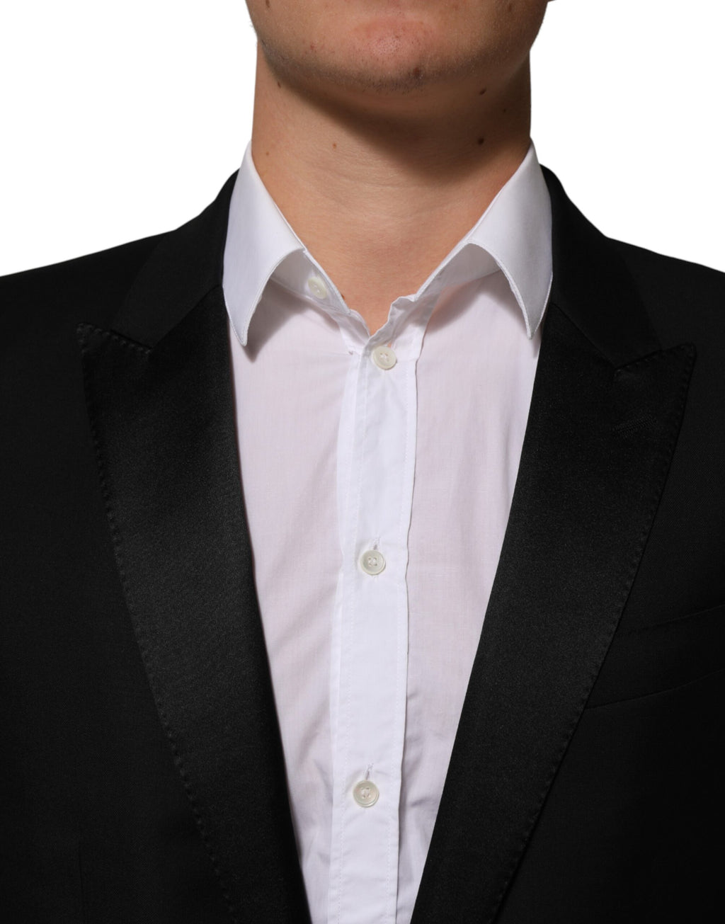 Veste noire Dolce & Gabbana à deux boutons et costume formel 2 pièces, vue du blazer élégant avec détails sophistiqués.
