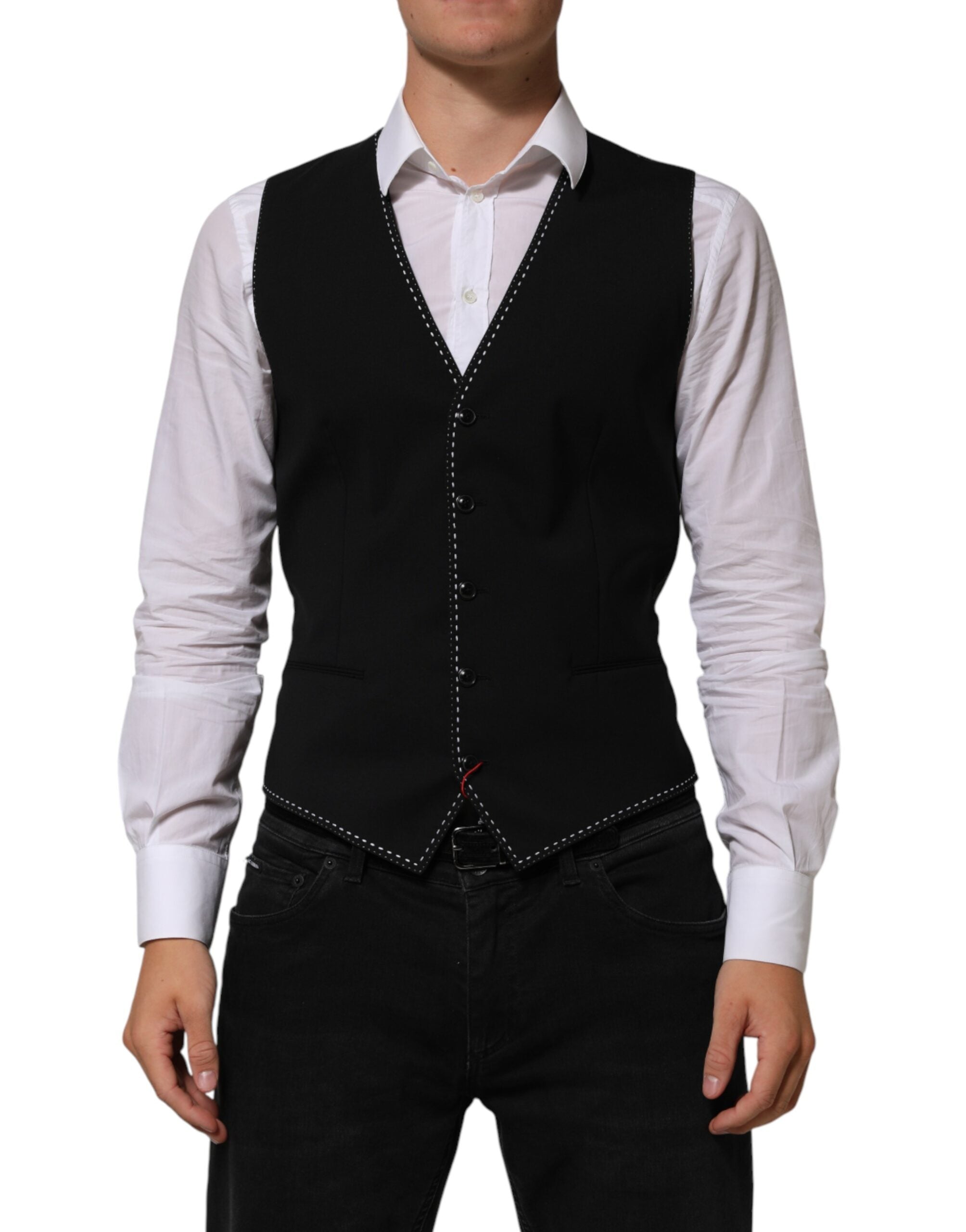 Gilet homme noir en laine Dolce & Gabbana, vêtement formel élégant avec coupe ajustée et détails sophistiqués.