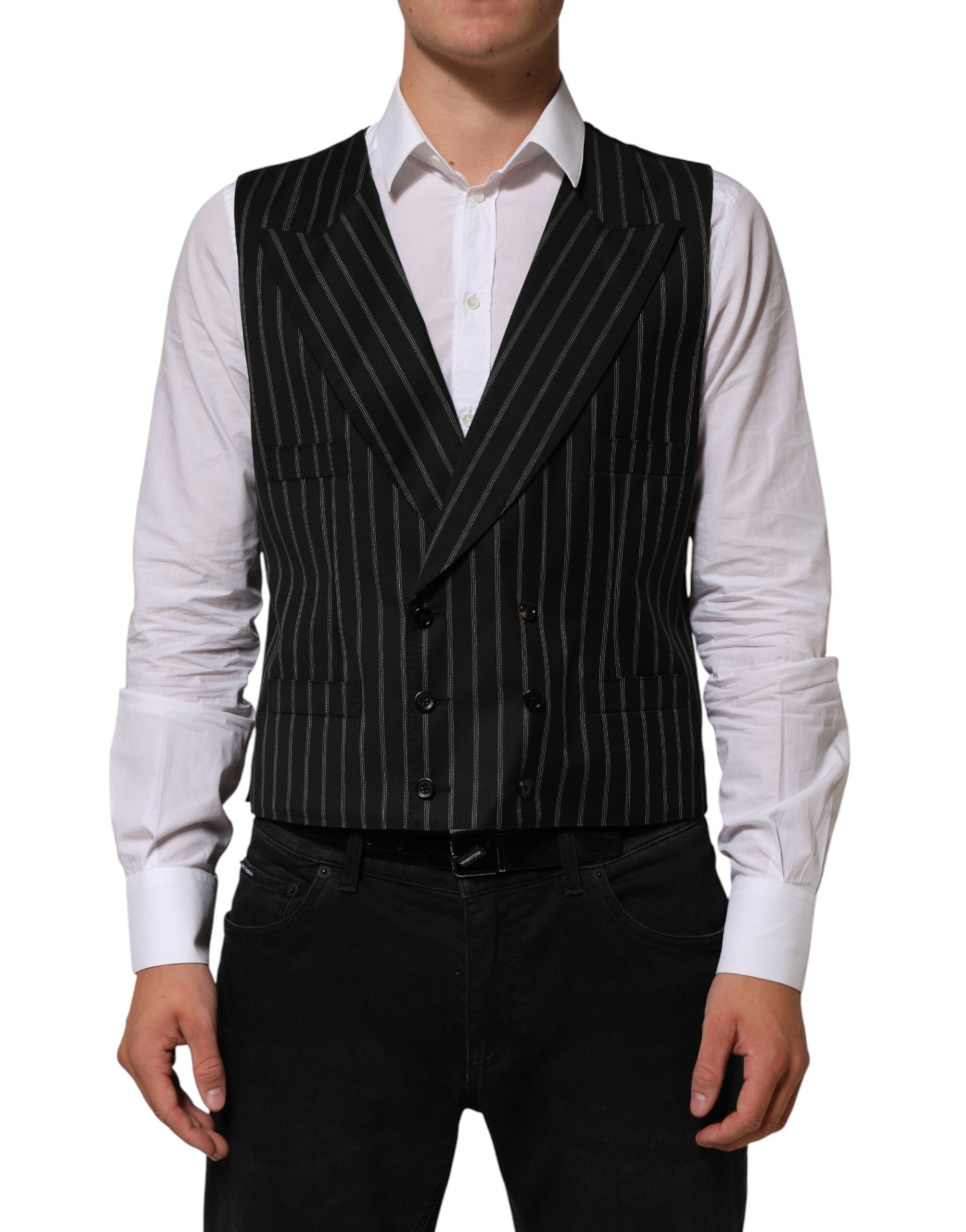 Gilet homme Dolce & Gabbana en laine noire à rayures, veste sans manches élégante avec ceinture, style sophistiqué.