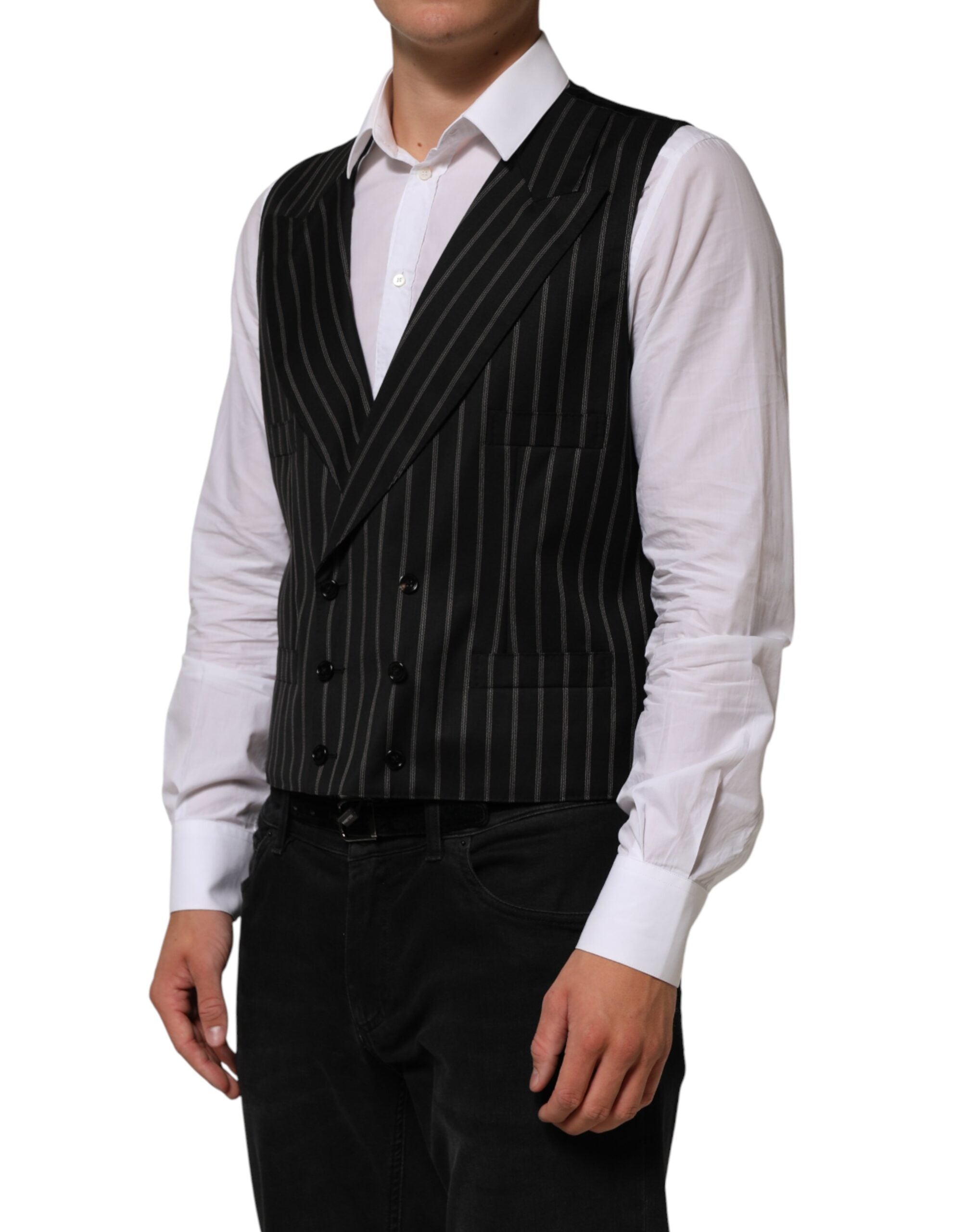 Veste en laine noire à rayures Dolce & Gabbana pour homme, veste sans manches élégante et sophistiquée.