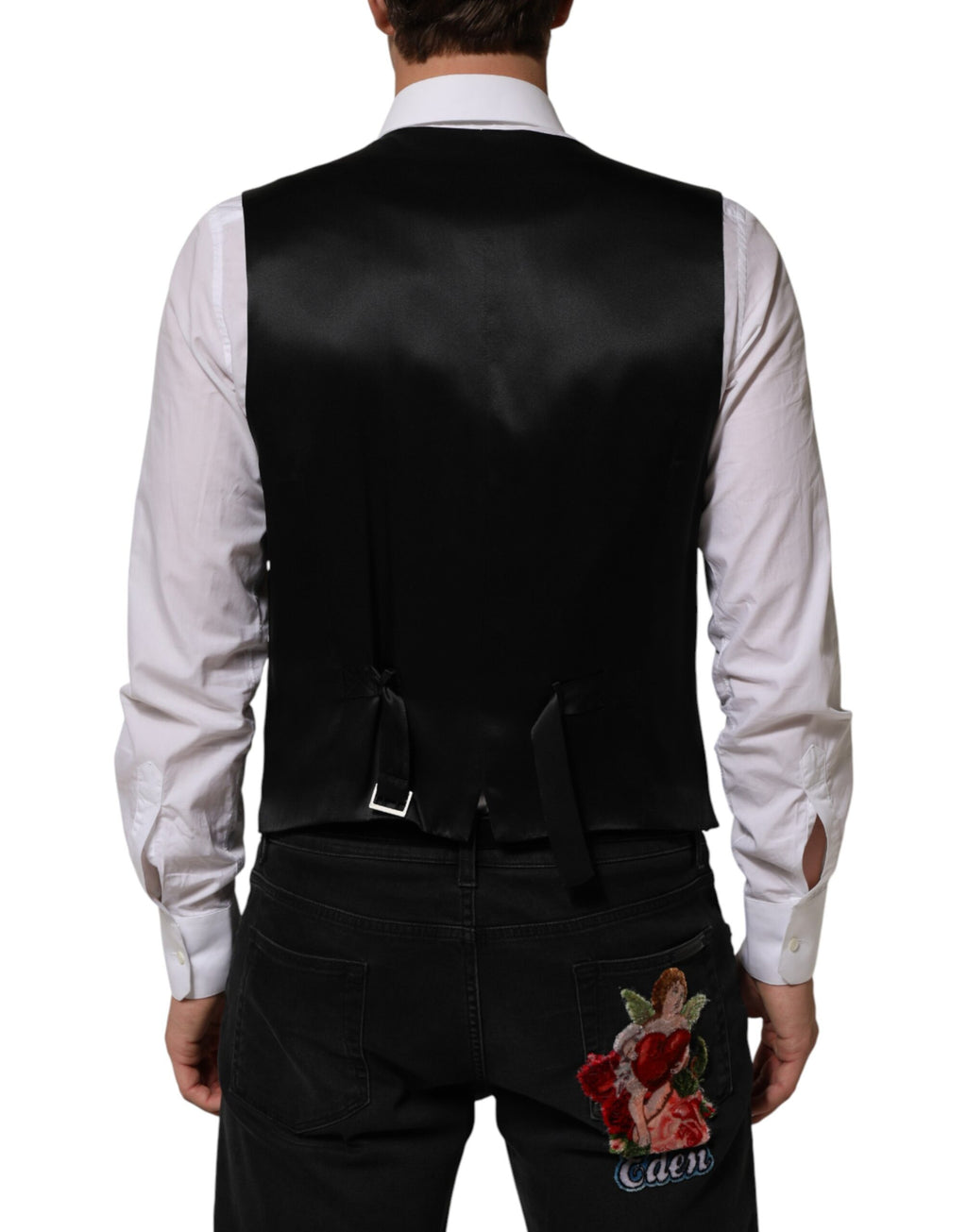 Gilet en laine noir à rayures Dolce & Gabbana pour homme, veste ajustée élégante avec détails sophistiqués.