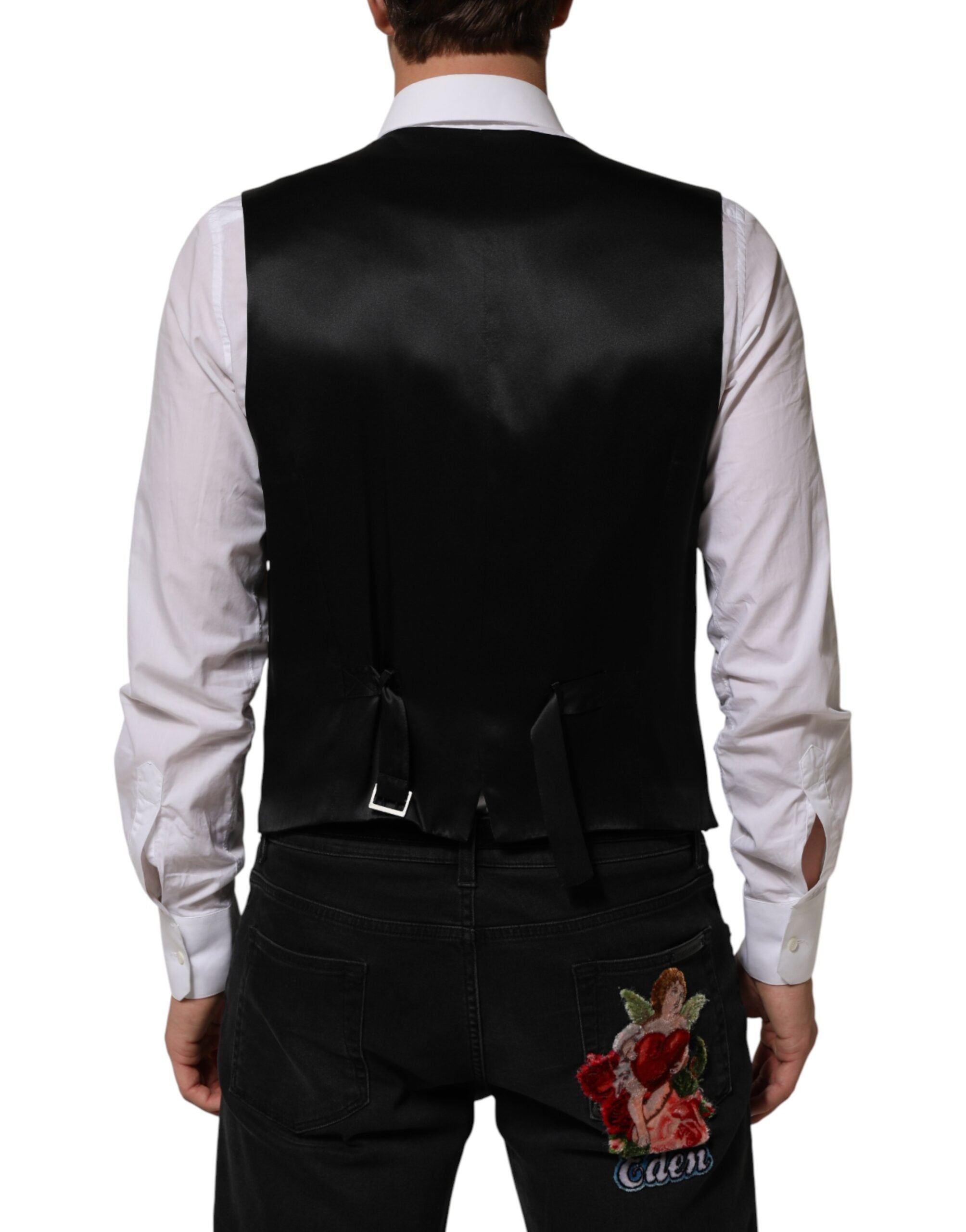 Gilet en laine noir à rayures Dolce & Gabbana pour homme, veste ajustée élégante avec détails sophistiqués.