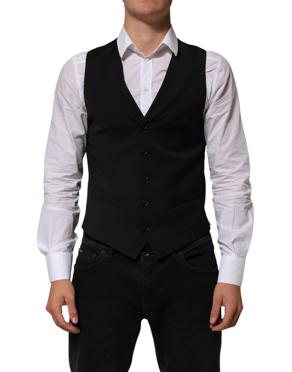 Gilet de costume noir en polyester de la marque Dolce & Gabbana, veste formelle élégante pour homme.