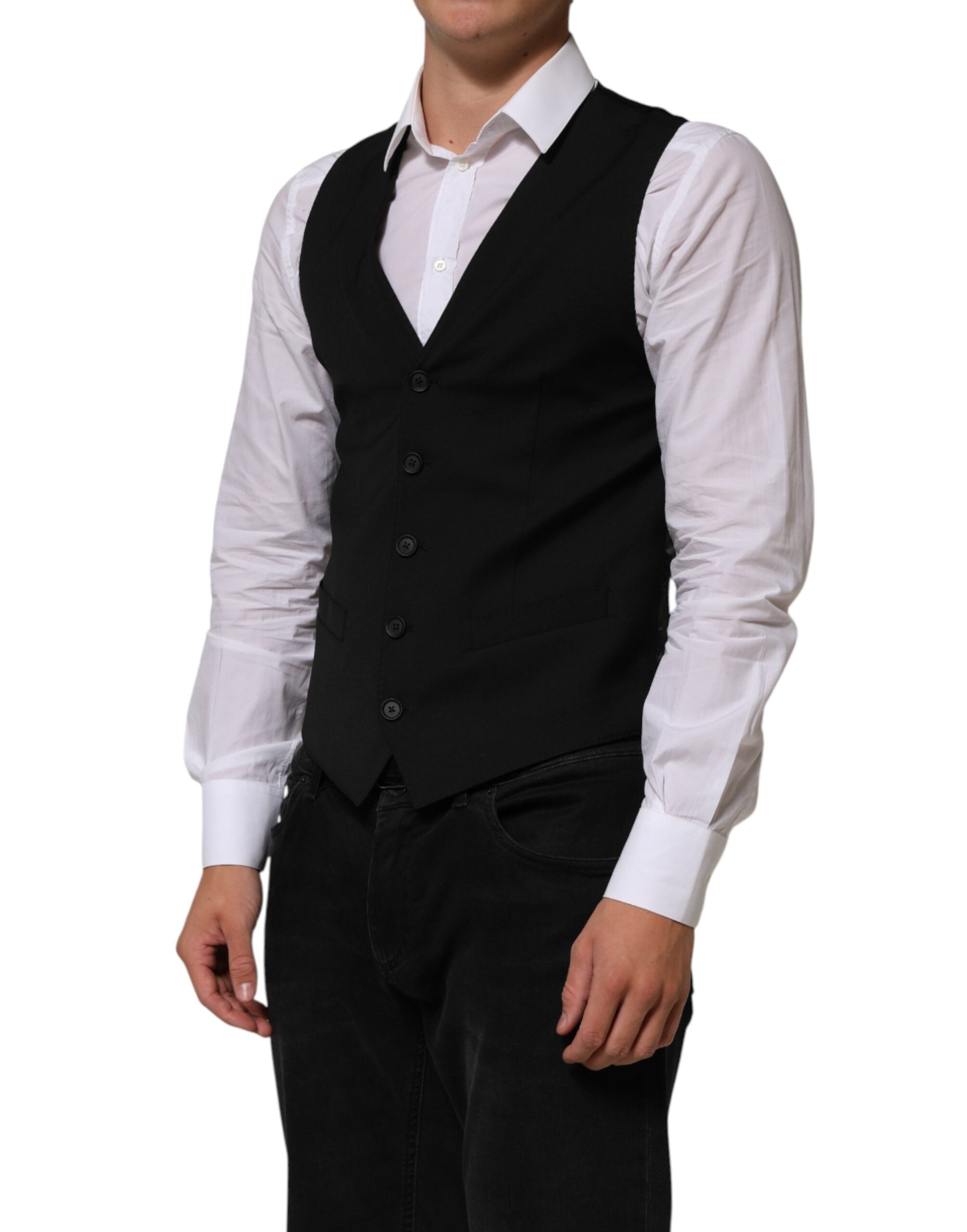 Gilet noir en polyester de la marque Dolce & Gabbana, veste formelle élégante pour homme, détail de la taille et du tissu.