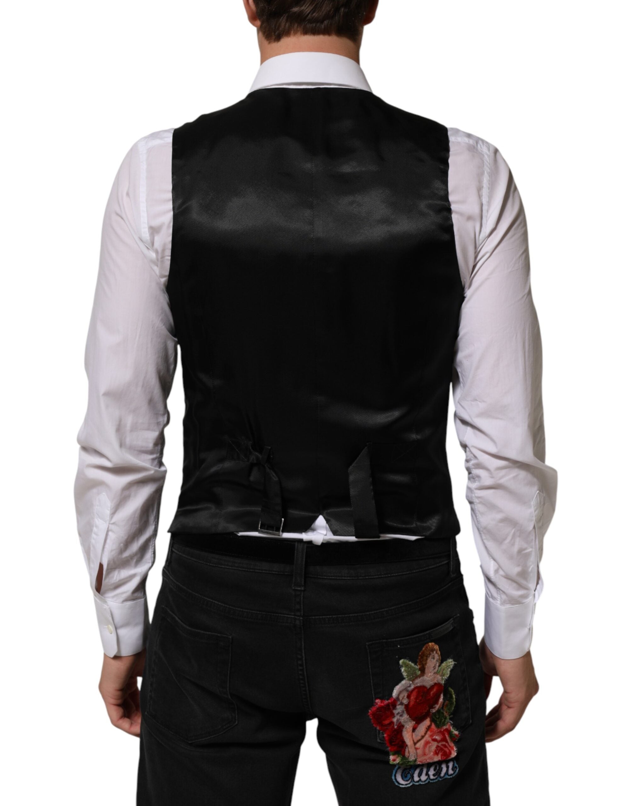 Veste de costume noire en polyester de marque Dolce & Gabbana, vêtement formel pour homme ou femme.
