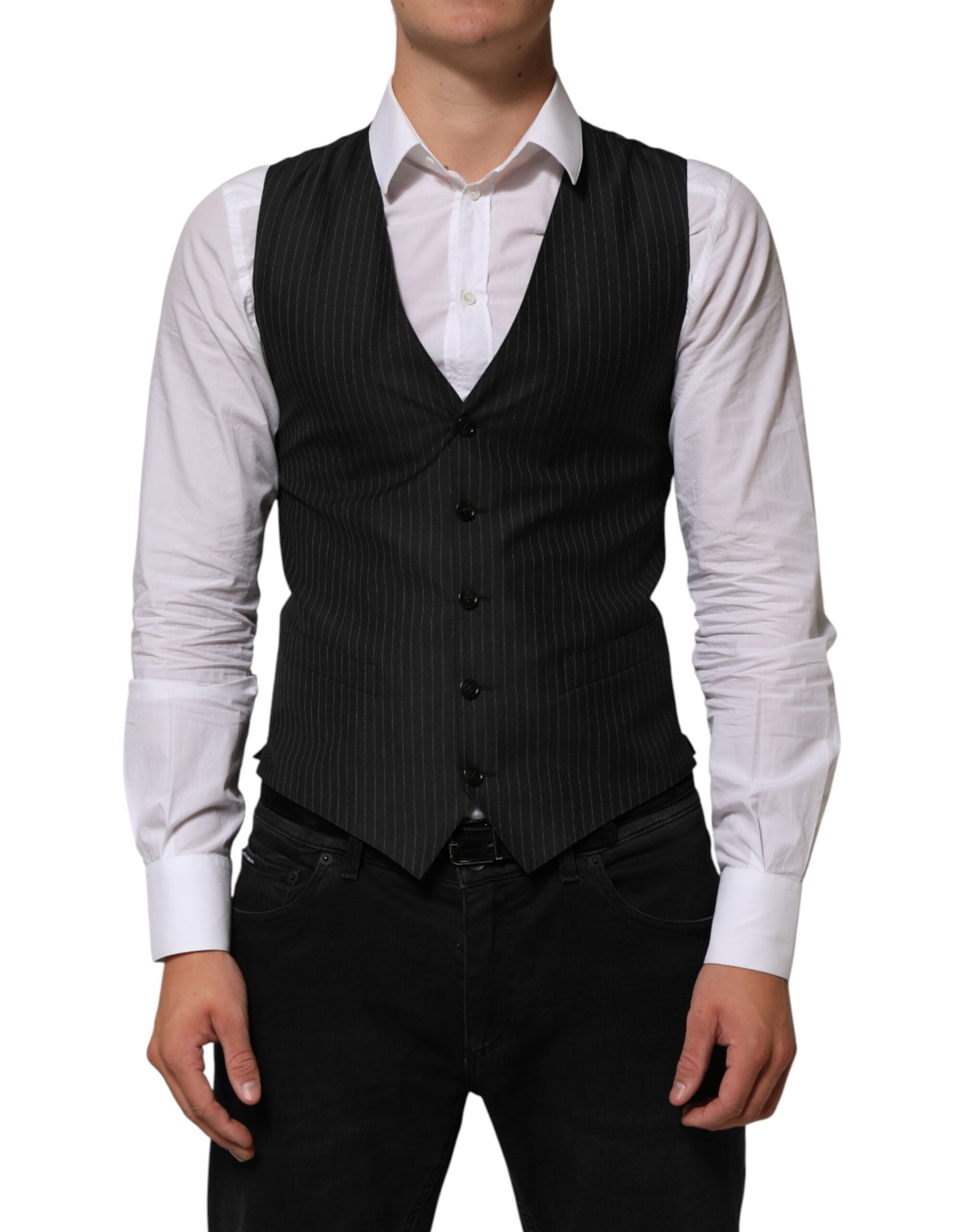 Gilet homme Dolce & Gabbana en laine noire pour costume formel, élégant et ajusté, porté sur une chemise blanche.