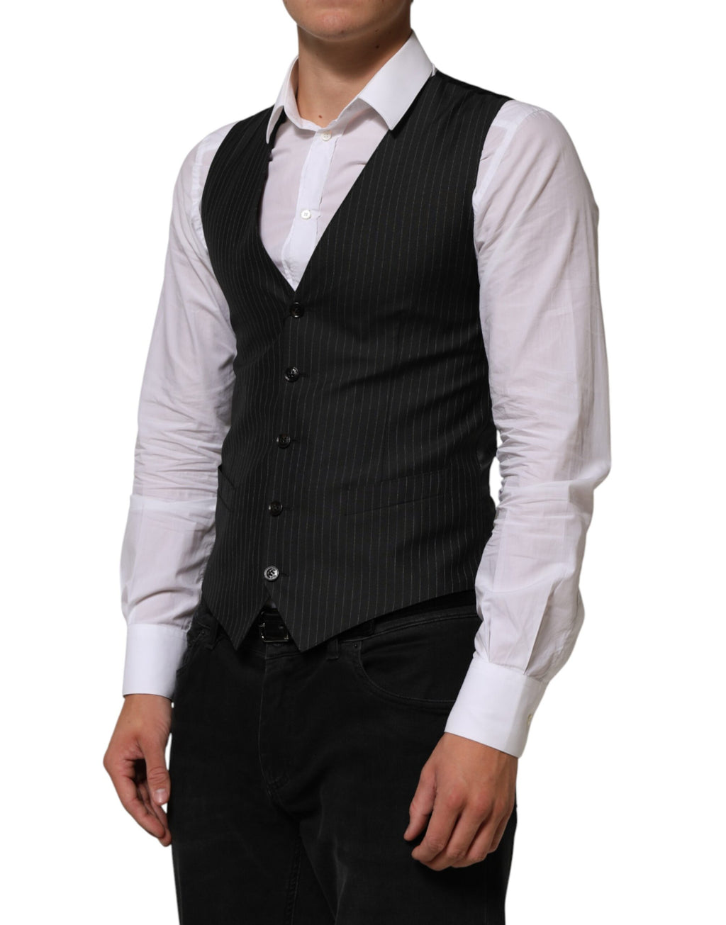 Gilet homme en laine noire de Dolce & Gabbana, veste formelle élégante, détail de couture raffinée.