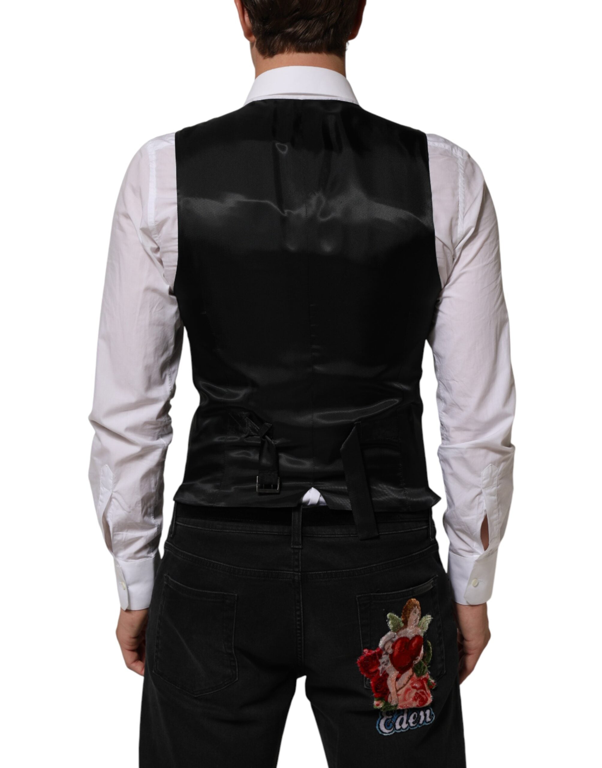 Gilet homme formel en laine noire Dolce & Gabbana, veste élégante pour tenue habillée, détails sophistiqués et coupe ajustée.