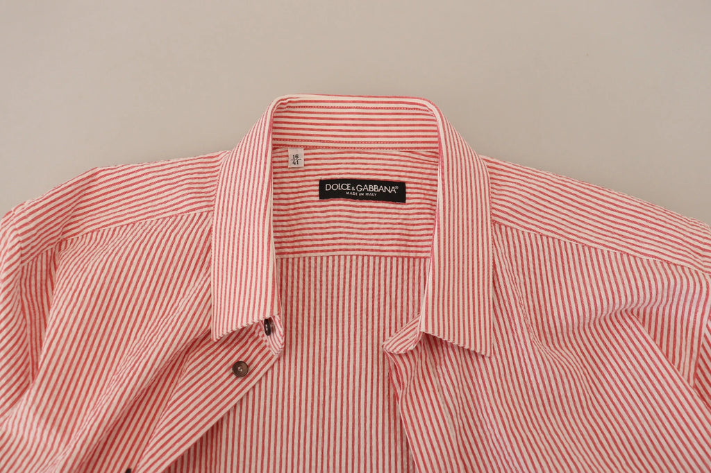 Chemise courte à rayures rouges et blanches en coton de Dolce & Gabbana, manches courtes, style élégant et décontracté.