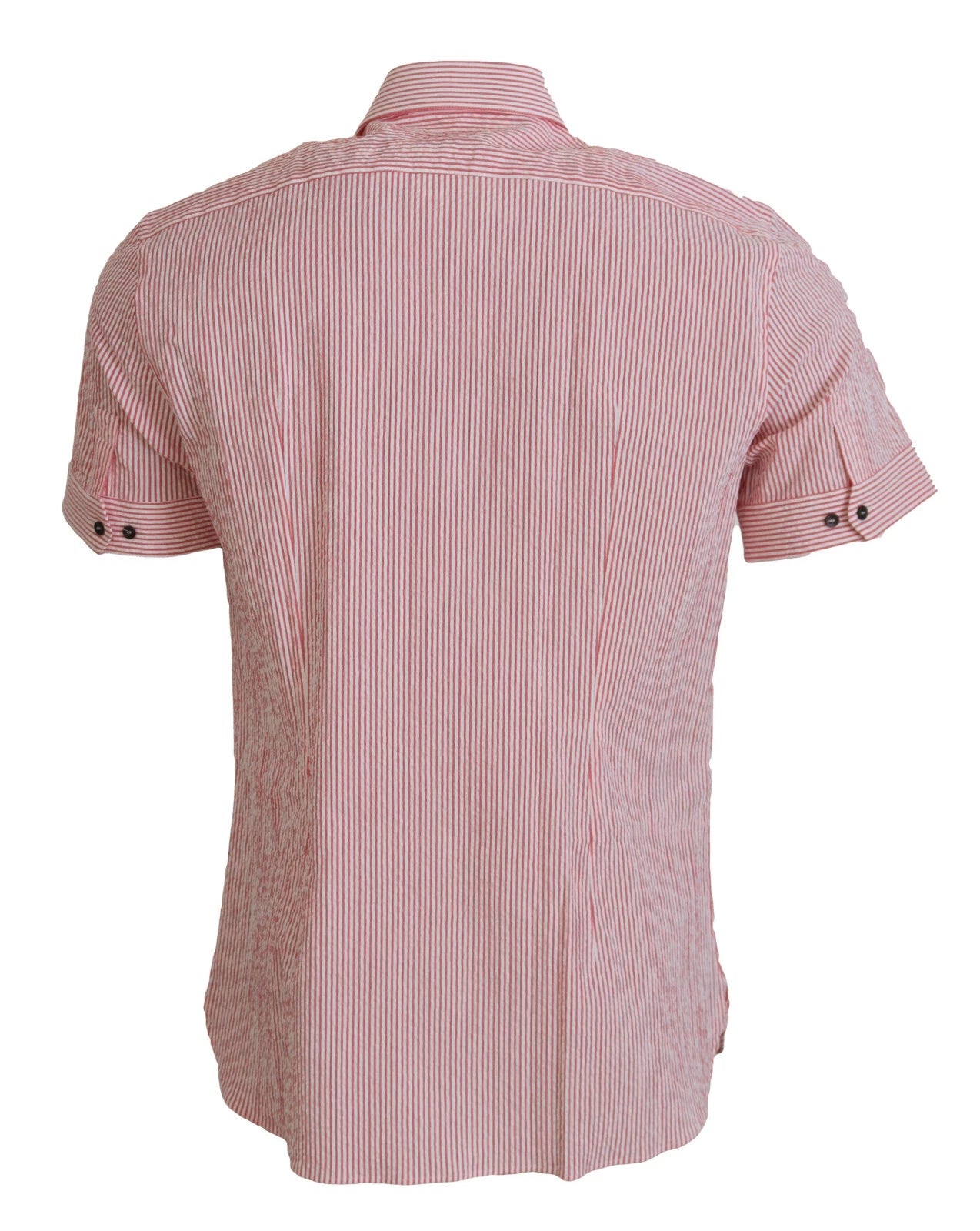 Chemise à manches courtes en coton à rayures rouges et blanches Dolce & Gabbana, vue de face, détails du tissu et du col.