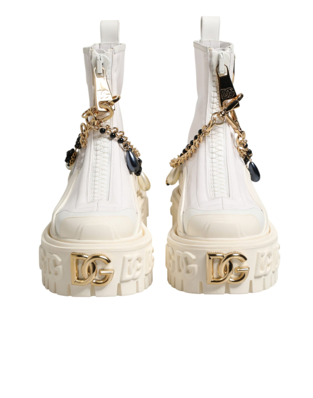 Bottes ankle blanches en cuir et caoutchouc Dolce & Gabbana avec logo, mode élégante et confort raffinée.