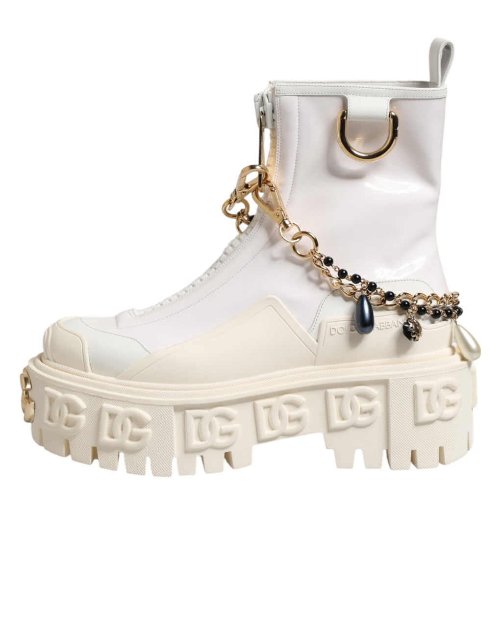 Bottines blanches en cuir et caoutchouc Dolce & Gabbana avec logo, ankle boots élégantes et modernes.