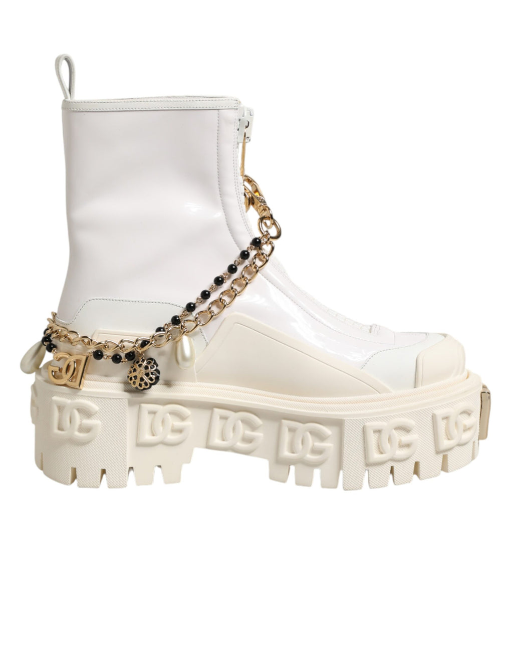 Bottes ankle en cuir blanc avec logo en caoutchouc Dolce & Gabbana, style élégant et moderne, vue de face.