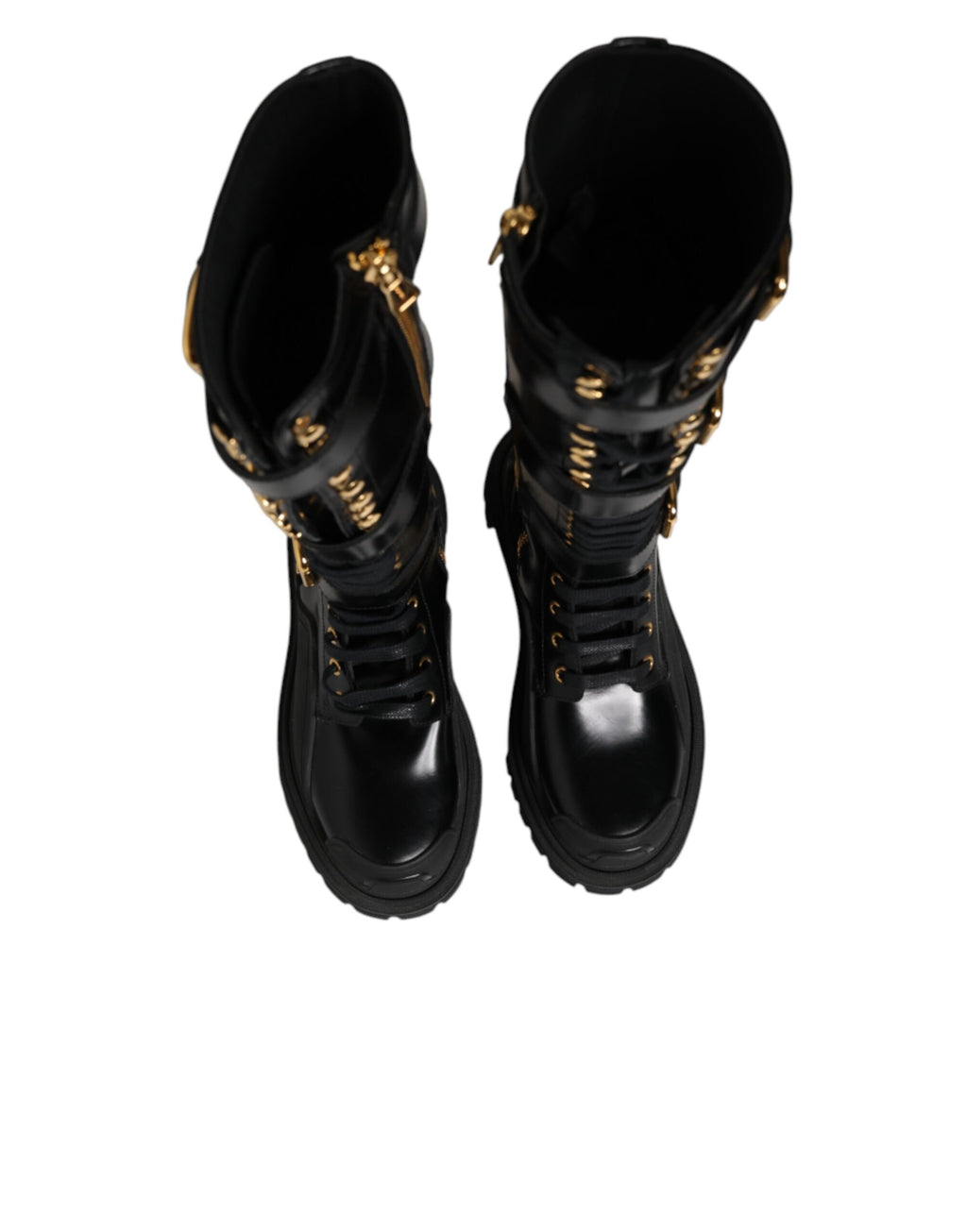 Bottes hautes noires Dolce & Gabbana avec boucle ornée et embellissements, en cuir élégant et sophistiqué.