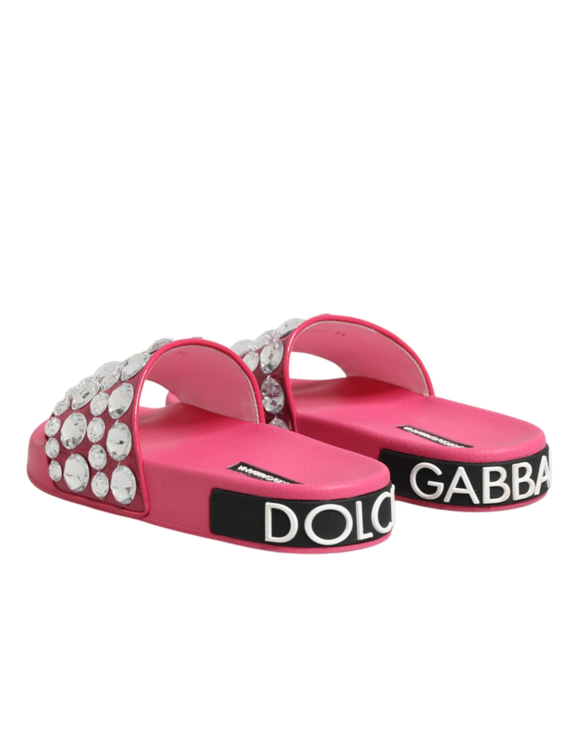 Sandales plates rose en cristaux Dolce & Gabbana, chaussures d'été élégantes pour la plage, en cuir brillant.