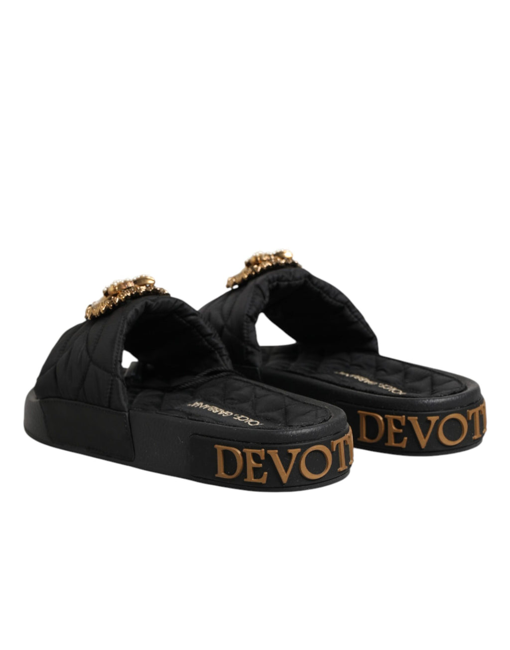Chaussures Dolce & Gabbana Devotion en cuir matelassé noir, sandales élégantes avec bride large et logo de la marque.