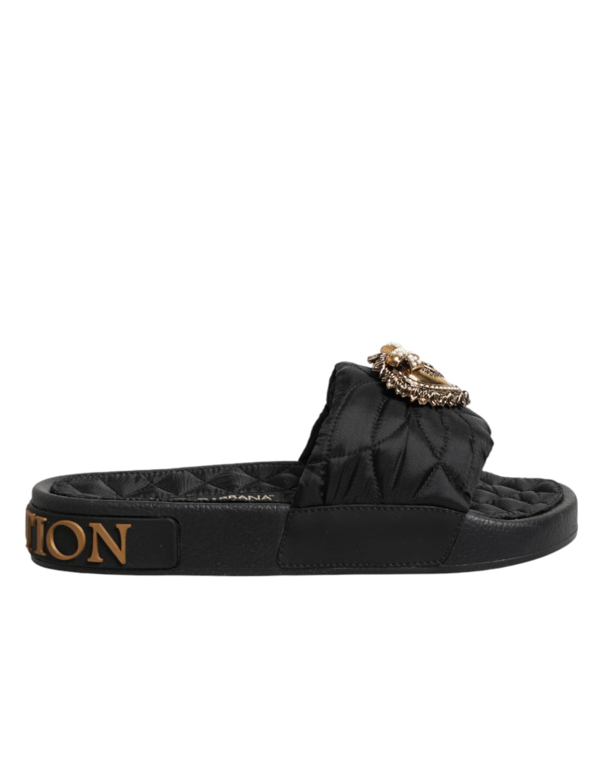 Sandales en cuir matelassé noir Dolce & Gabbana Devotion, chaussures élégantes avec design sophistiqué et logo de la marque.