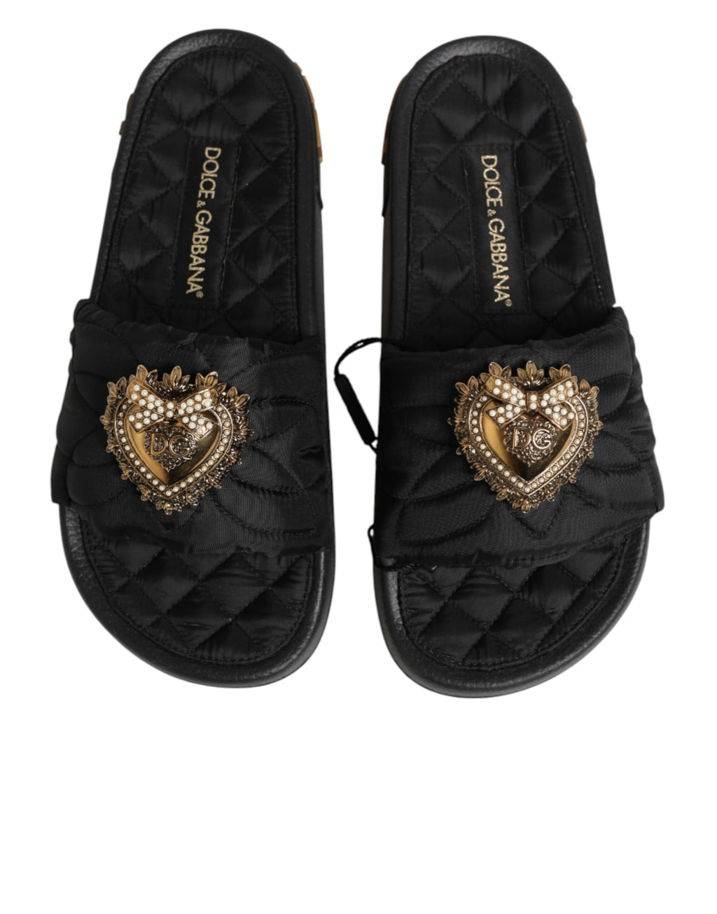 Chaussures Dolce & Gabbana Devotion en cuir matelassé noir, sandales élégantes à semelle plate et design sophistiqué.