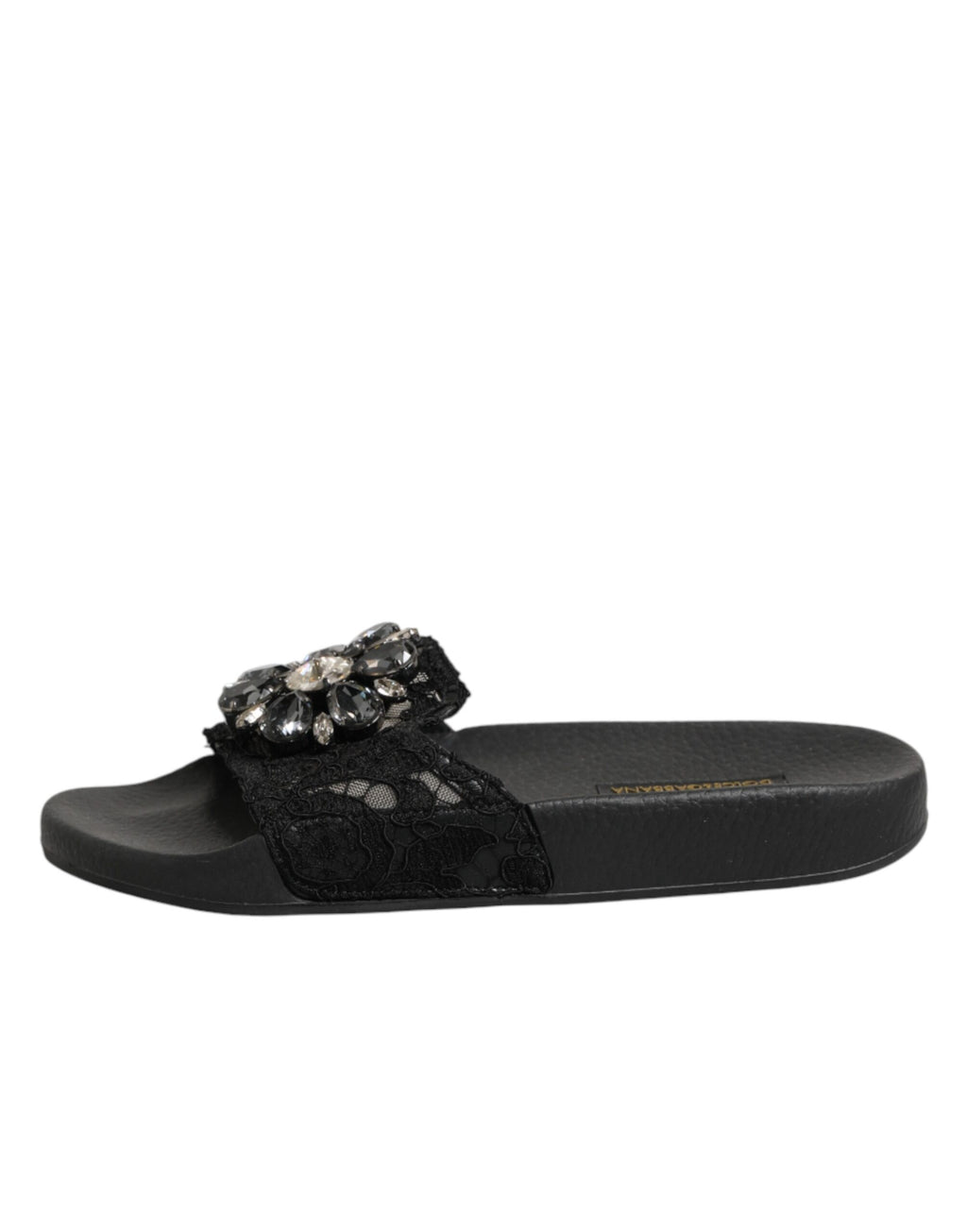 Chaussures Dolce & Gabbana Devotion en cuir matelassé noir, sandales élégantes avec bride large et logo de la marque visible.