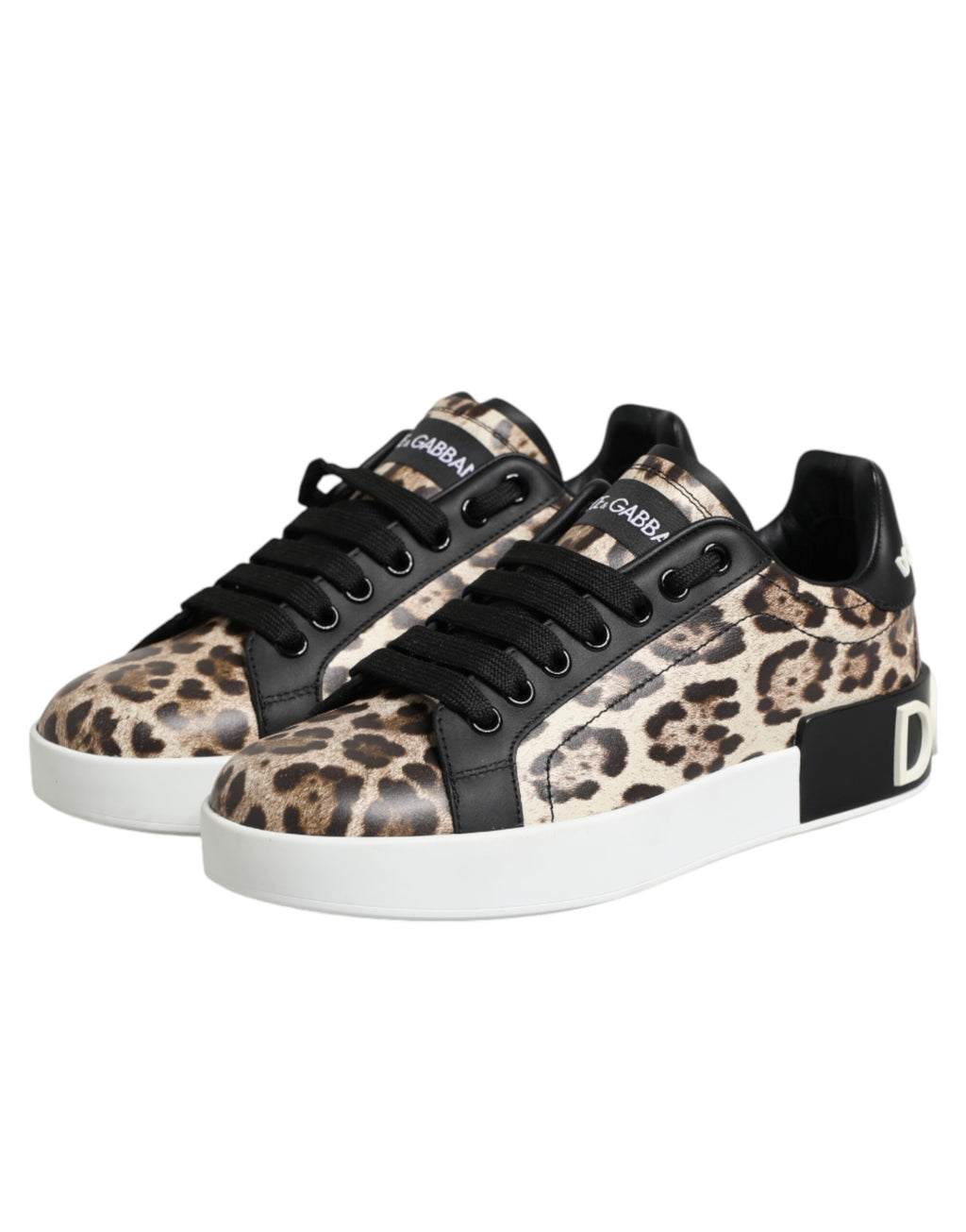Chaussures sneakers basses en cuir marron à motif léopard de Dolce & Gabbana, élégantes et modernes.