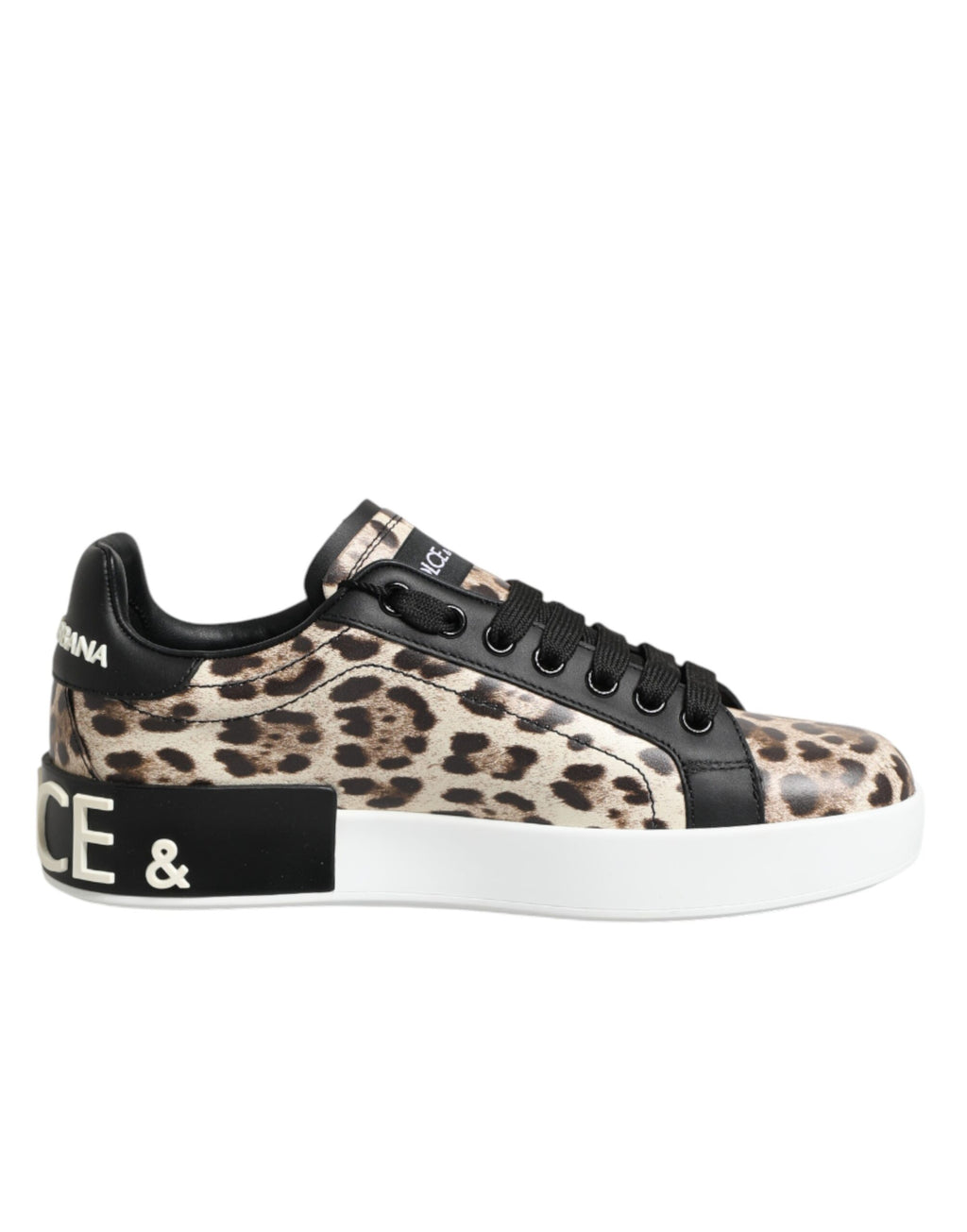 Chaussures basses en cuir marron Dolce & Gabbana avec imprimé léopard, sneakers élégants pour femmes et hommes.