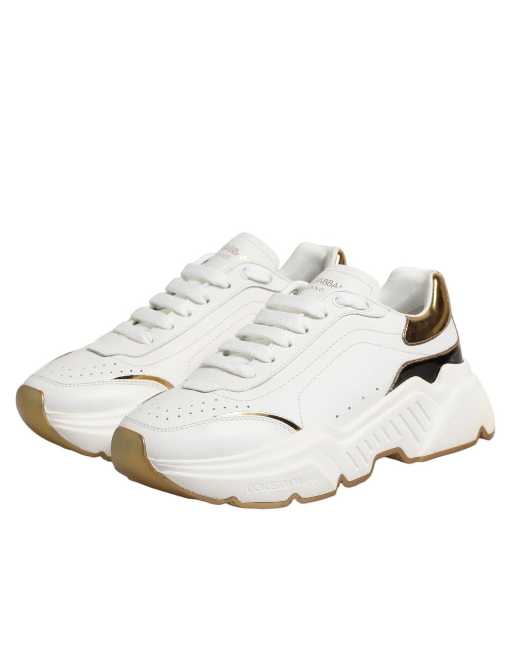 Chaussures Dolce & Gabbana Daymaster en or blanc, baskets basses élégantes en cuir avec semelle blanche.