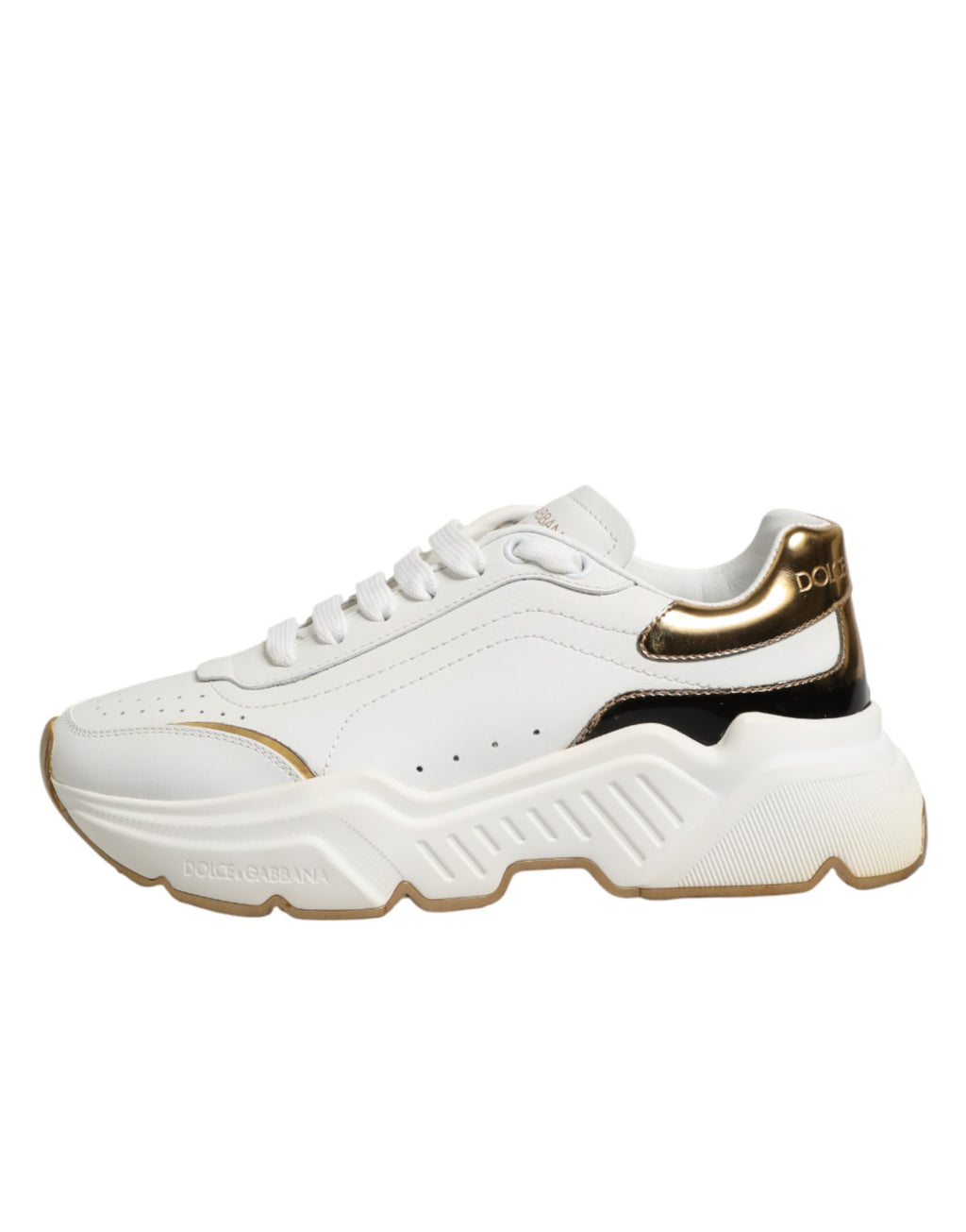 Chaussures sneakers basses Dolce & Gabbana Daymaster en or blanc, vue de face, détails en cuir et design élégant