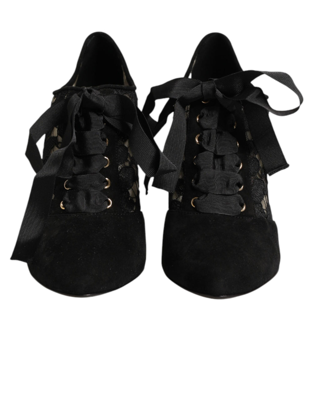Chaussures à talons noires Dolce & Gabbana avec motifs floraux, lacets et design élégant pour femmes.