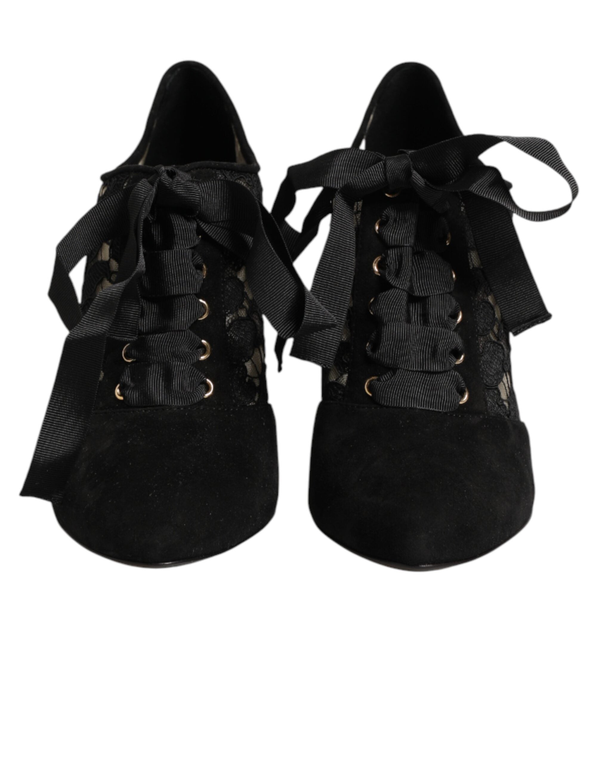 Chaussures à talons noires Dolce & Gabbana avec motifs floraux, lacets et design élégant pour femmes.