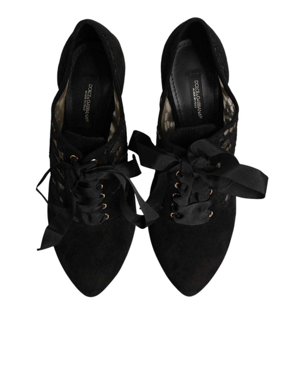 Chaussures à talons hauts noires Dolce & Gabbana avec motifs floraux, lacets et style élégant pour femmes.