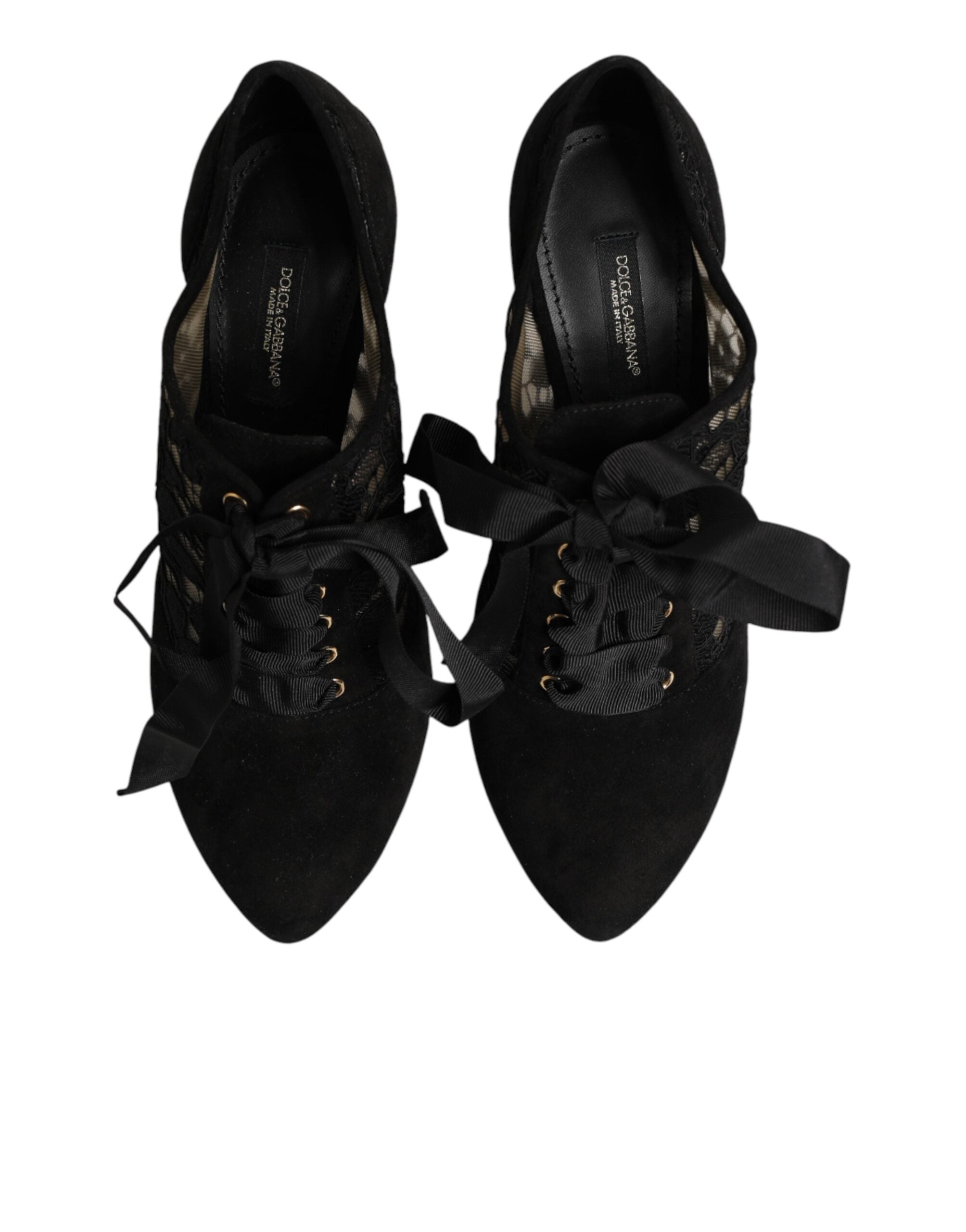 Chaussures à talons hauts noires Dolce & Gabbana avec motifs floraux, lacets et style élégant pour femmes.