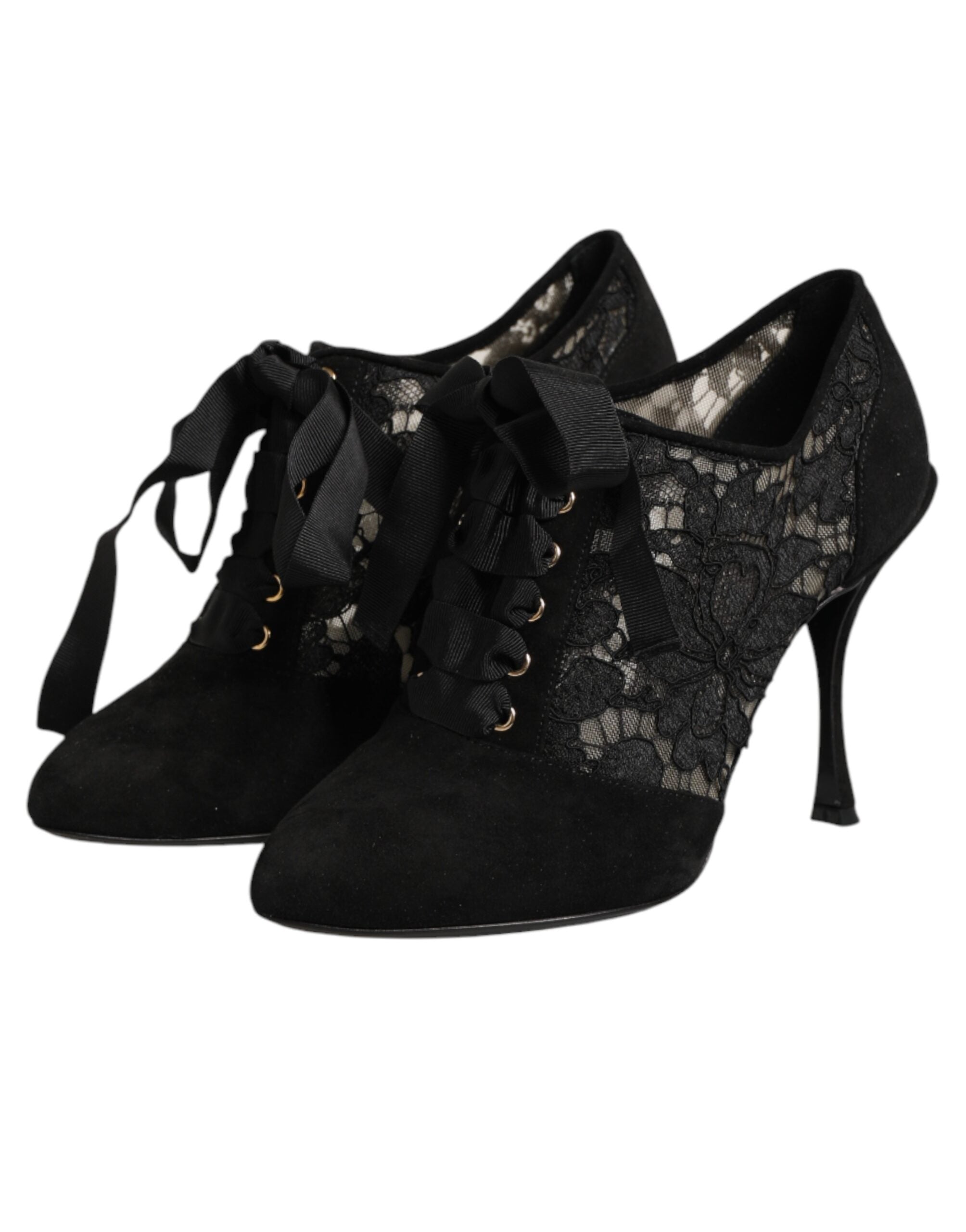 Escarpins à lacets noirs Dolce & Gabbana avec motif floral, talons hauts élégants et chaussures de soirée sophistiquées.