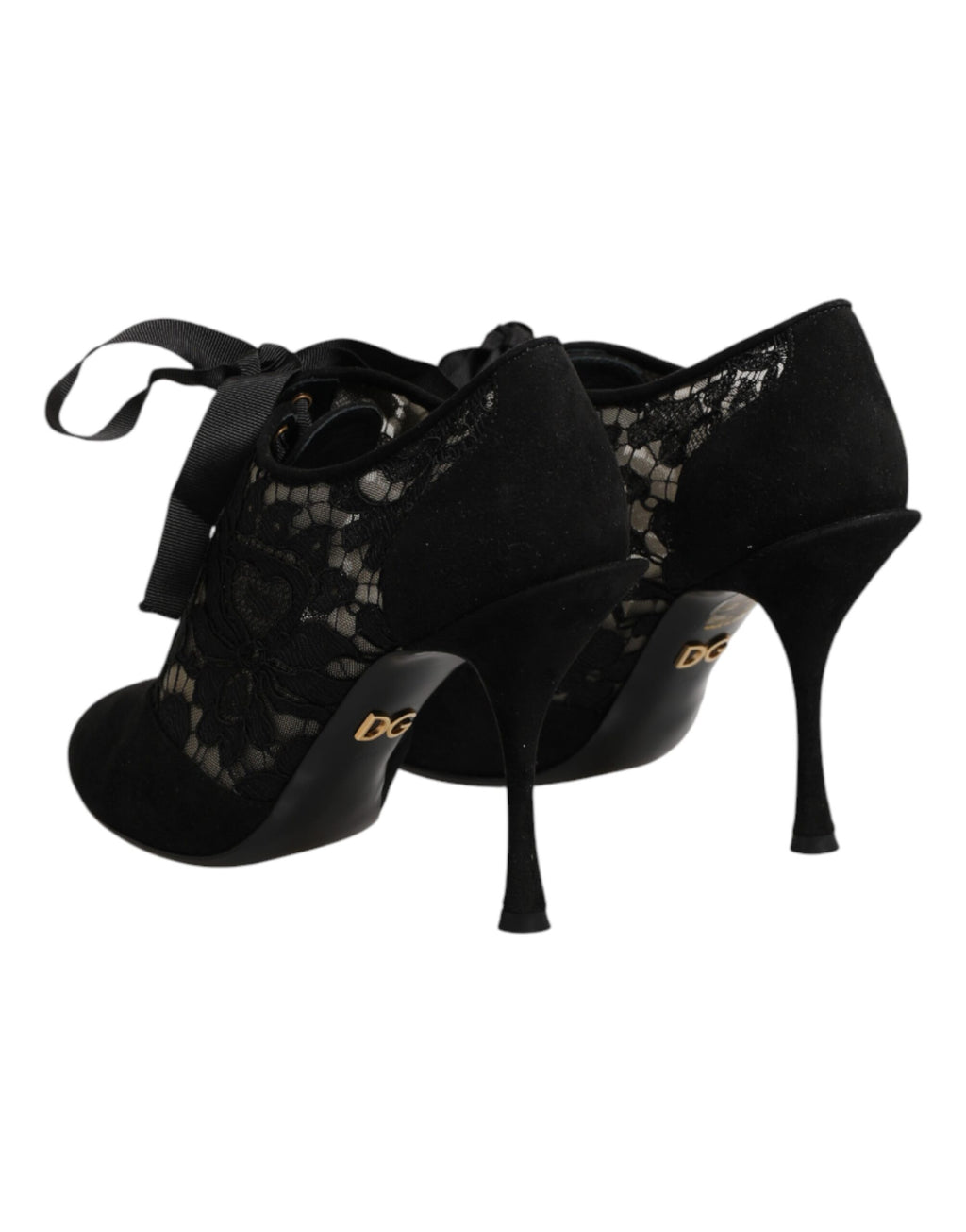 Escarpins à talons hauts noirs Dolce & Gabbana avec motifs floraux et laçage, chaussures élégantes pour femmes.