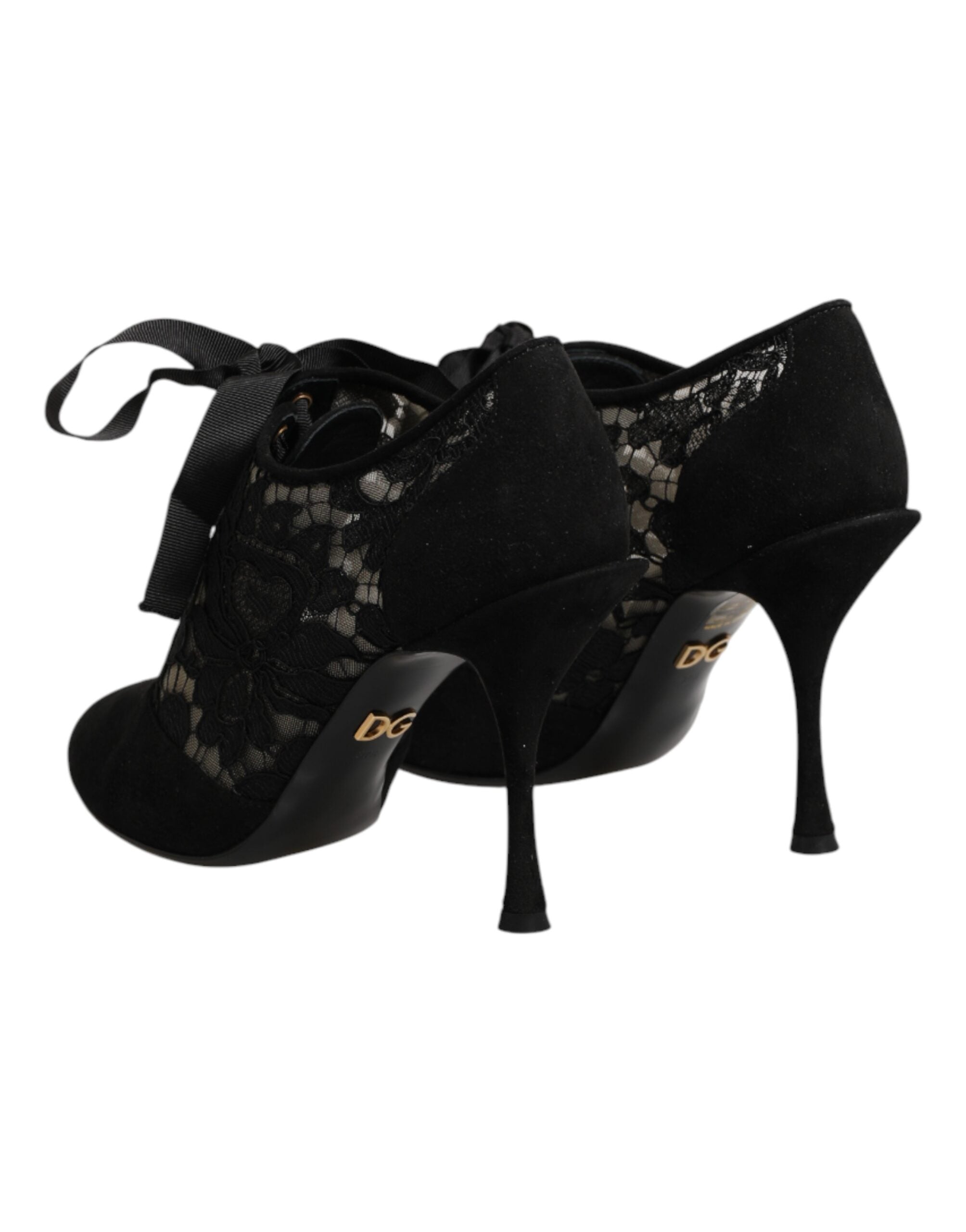 Escarpins à talons hauts noirs Dolce & Gabbana avec motifs floraux et laçage, chaussures élégantes pour femmes.