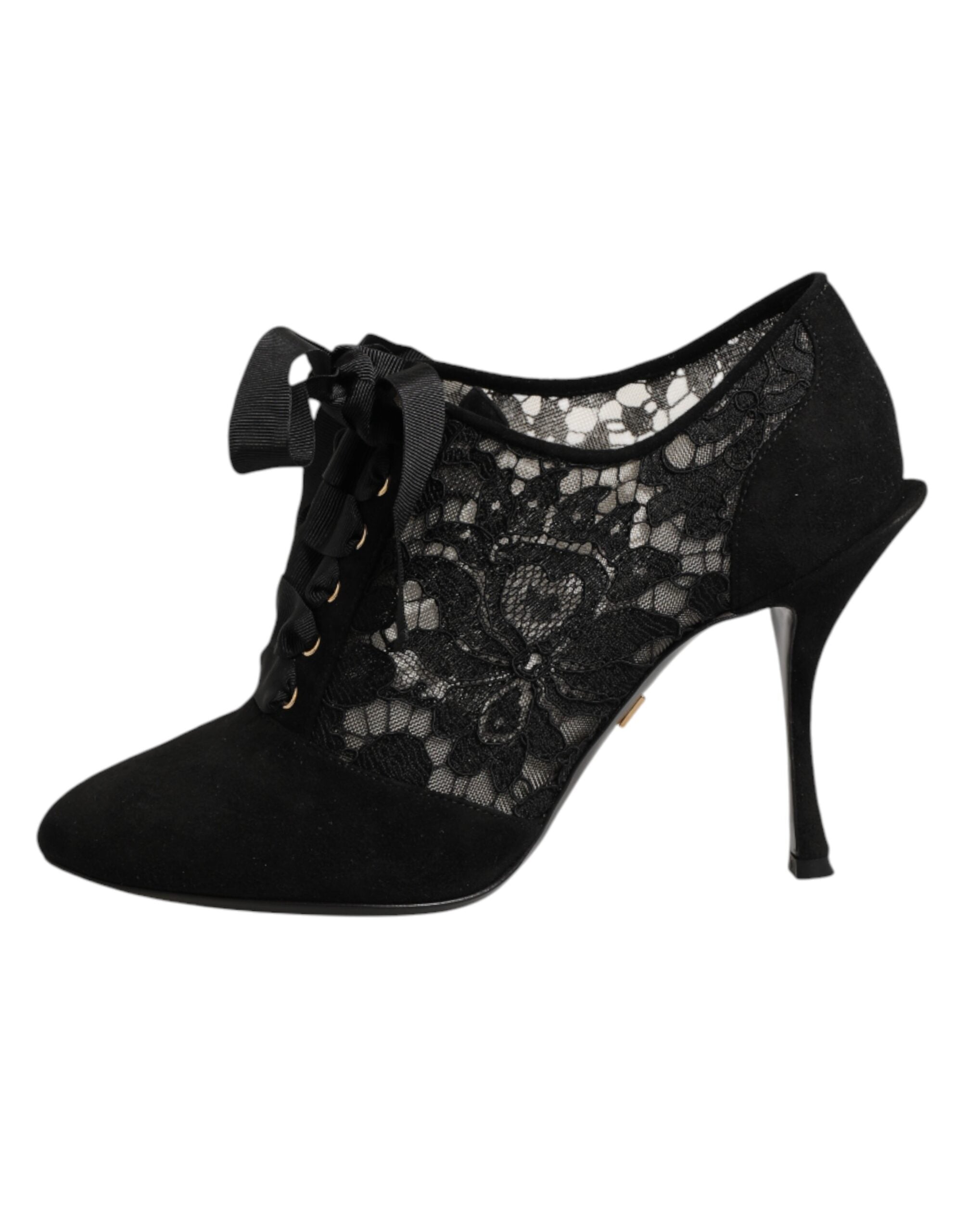 Escarpins à lacets Dolce & Gabbana noirs avec motif floral, hauts talons et design élégant pour femmes.