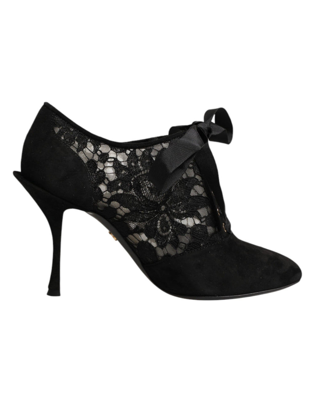 Escarpins à talons noirs Dolce & Gabbana avec motifs floraux et lacets, chaussure élégante en cuir.