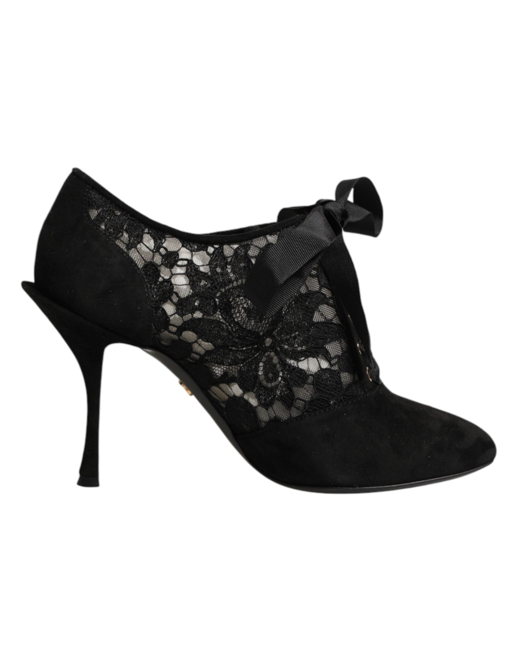 Escarpins à talons noirs Dolce & Gabbana avec motifs floraux et lacets, chaussure élégante en cuir.