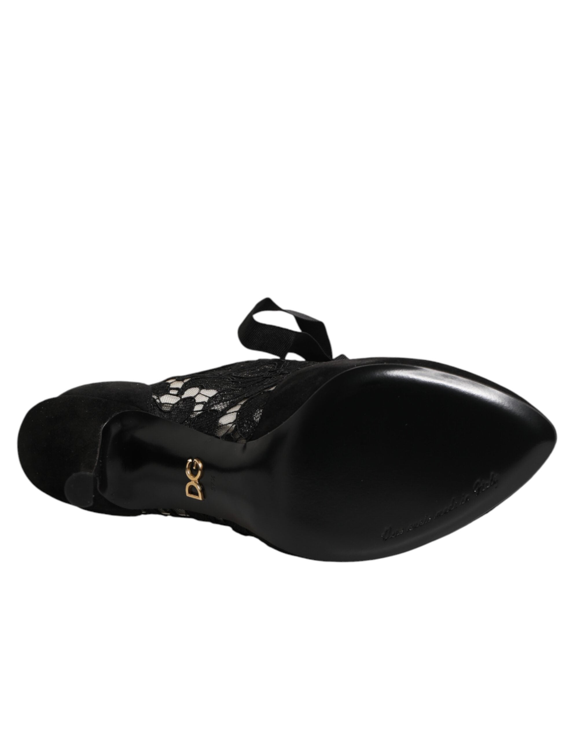 Escarpins à lacets noirs Dolce & Gabbana avec motifs floraux élégants, en cuir, pour femmes.