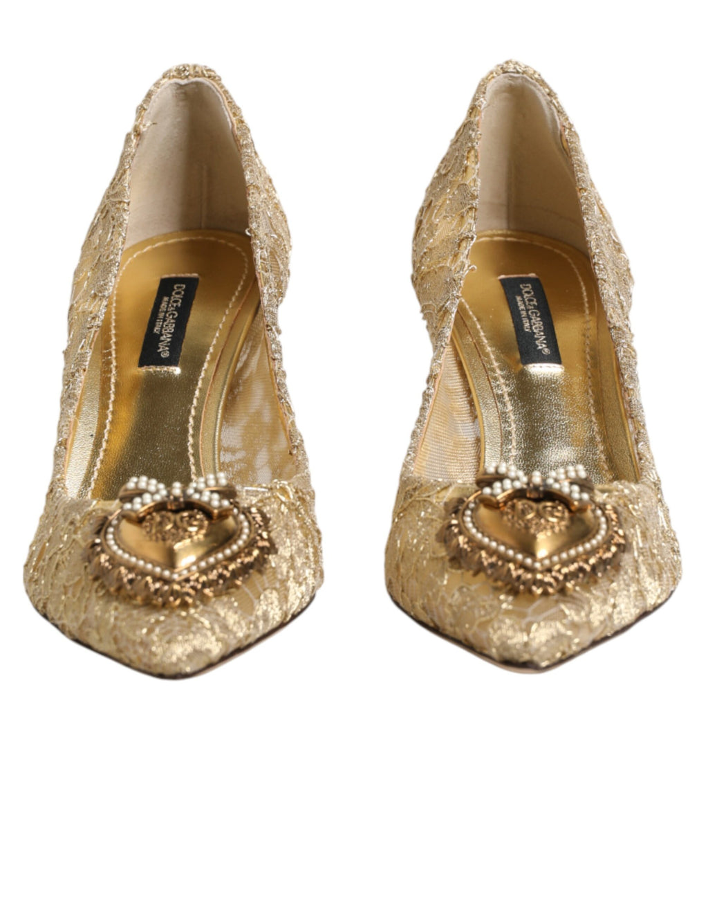 Chaussures à talons Dolce & Gabbana Taormina Lace DEVOTION en or avec détails en dentelle.
