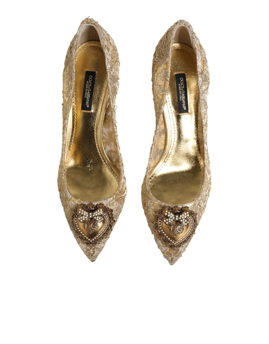 Chaussures à talons Dolce & Gabbana Taormina Lace DEVOTION, talons dorés et dentelle élégante, vue de face.