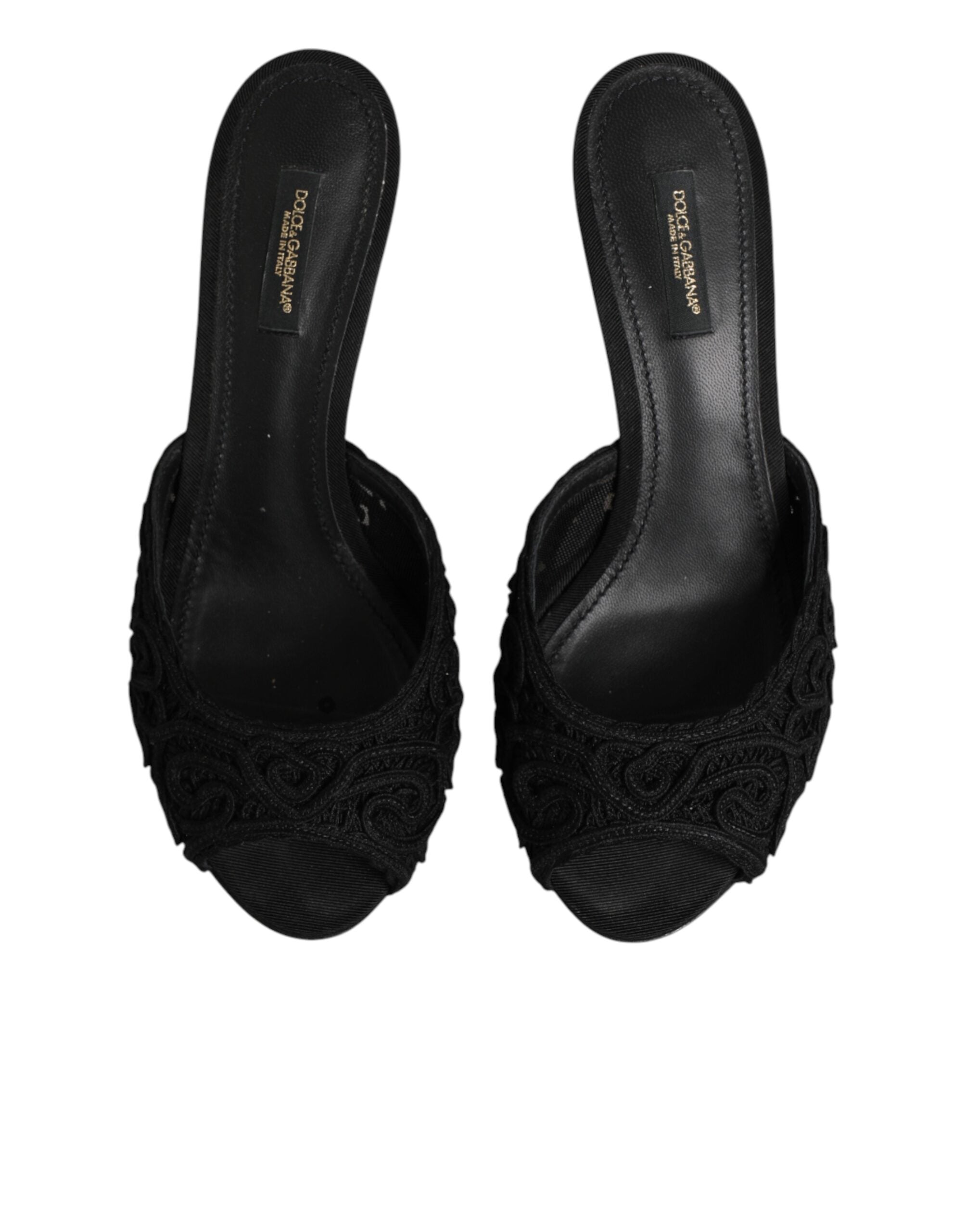 Chaussures Dolce & Gabbana talons slips-on noires avec broderies élégantes, chaussures d'été confortables et stylées.