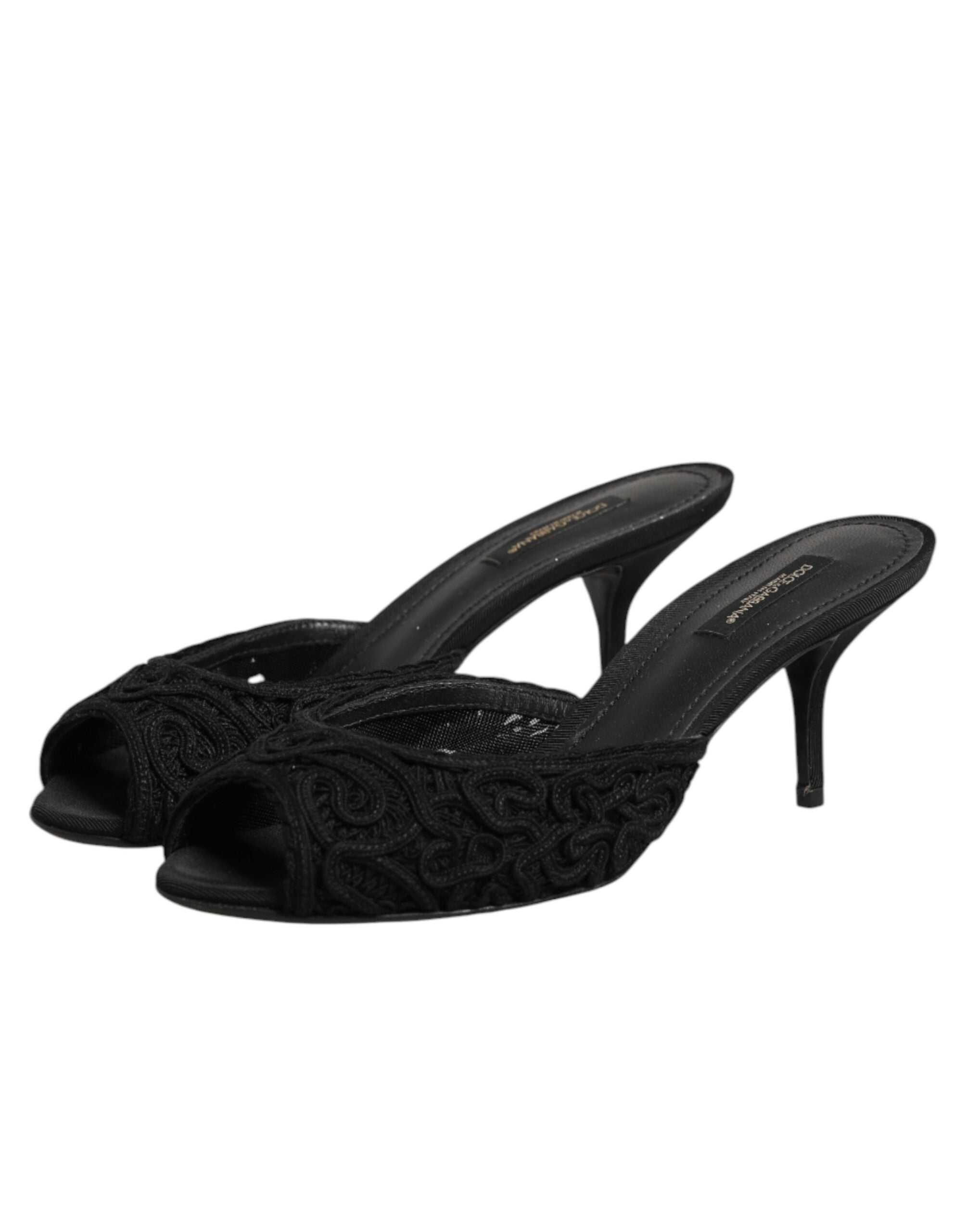Sandales plates Dolce & Gabbana noires à broderie, chaussures slip-on élégantes et confortables en cuir.