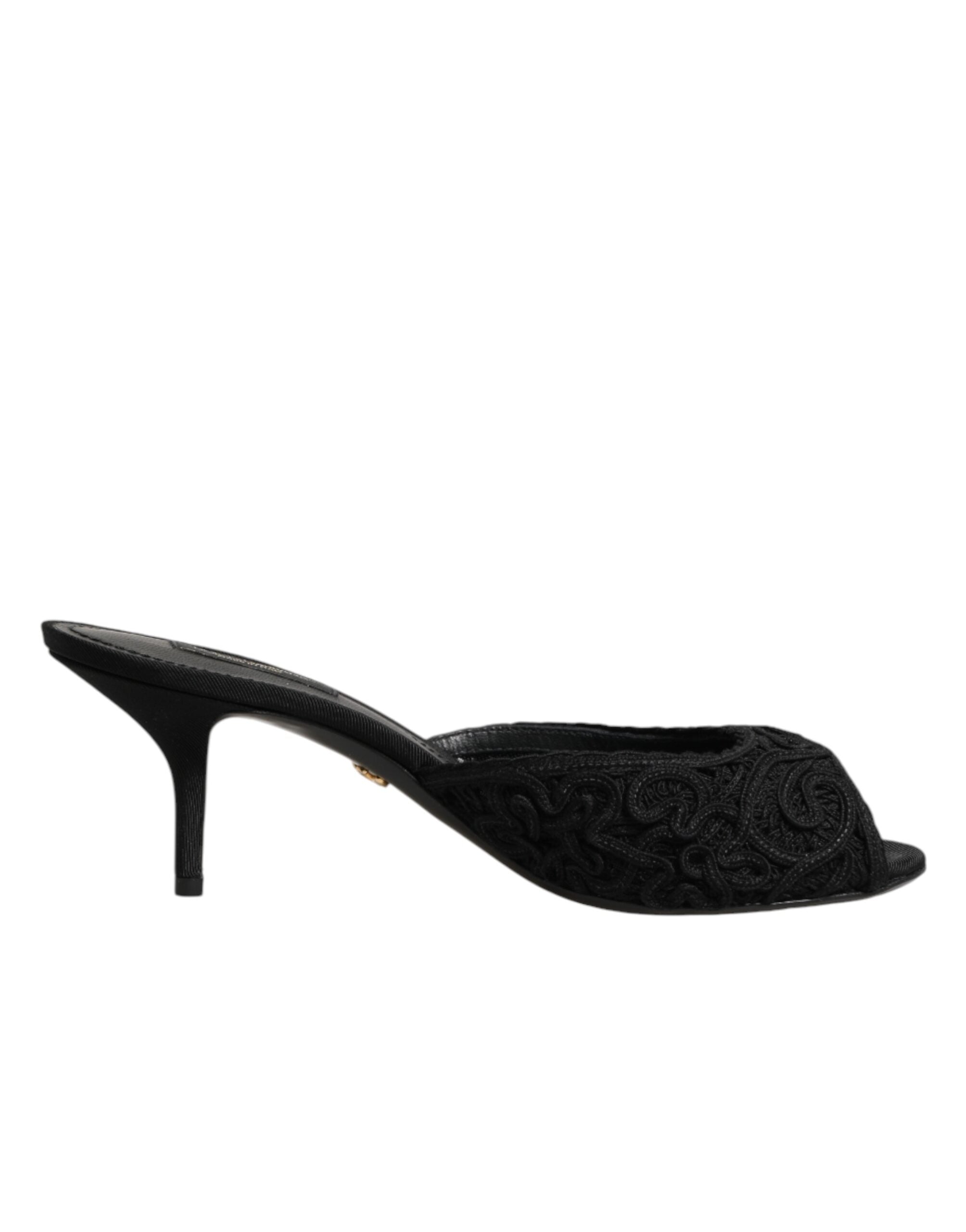 Sandales Dolce & Gabbana à enfiler noires brodées, chaussures élégantes avec talons plats et design sophistiqué.