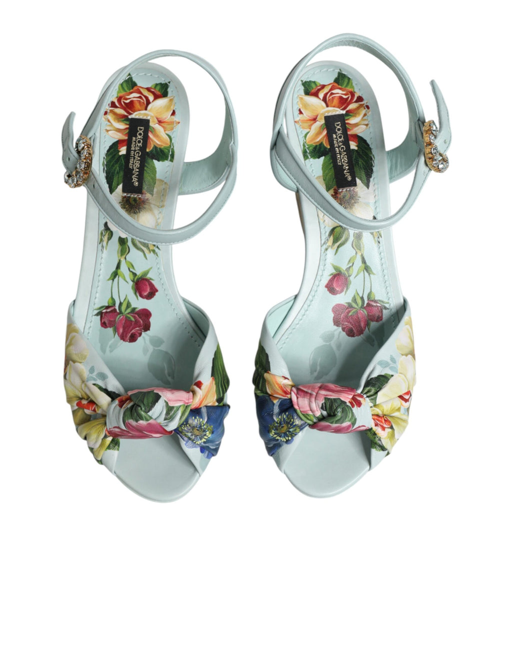 Sandales compensées à bride à la cheville Dolce & Gabbana vertes avec motif floral, chaussures élégantes et confortables.