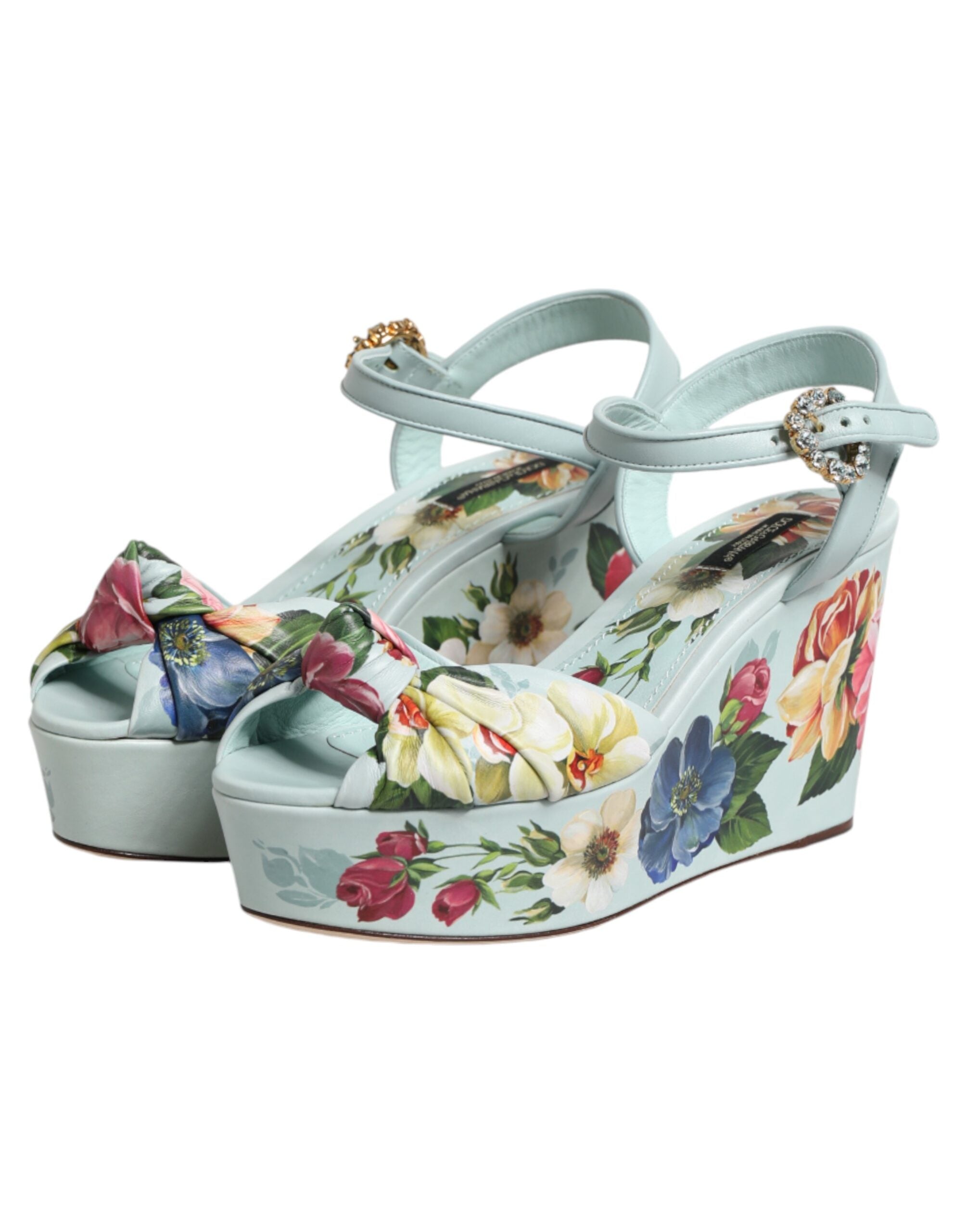 Sandales compensées à bride de cheville Dolce & Gabbana, vert floral, chaussures élégantes avec semelle en corde.
