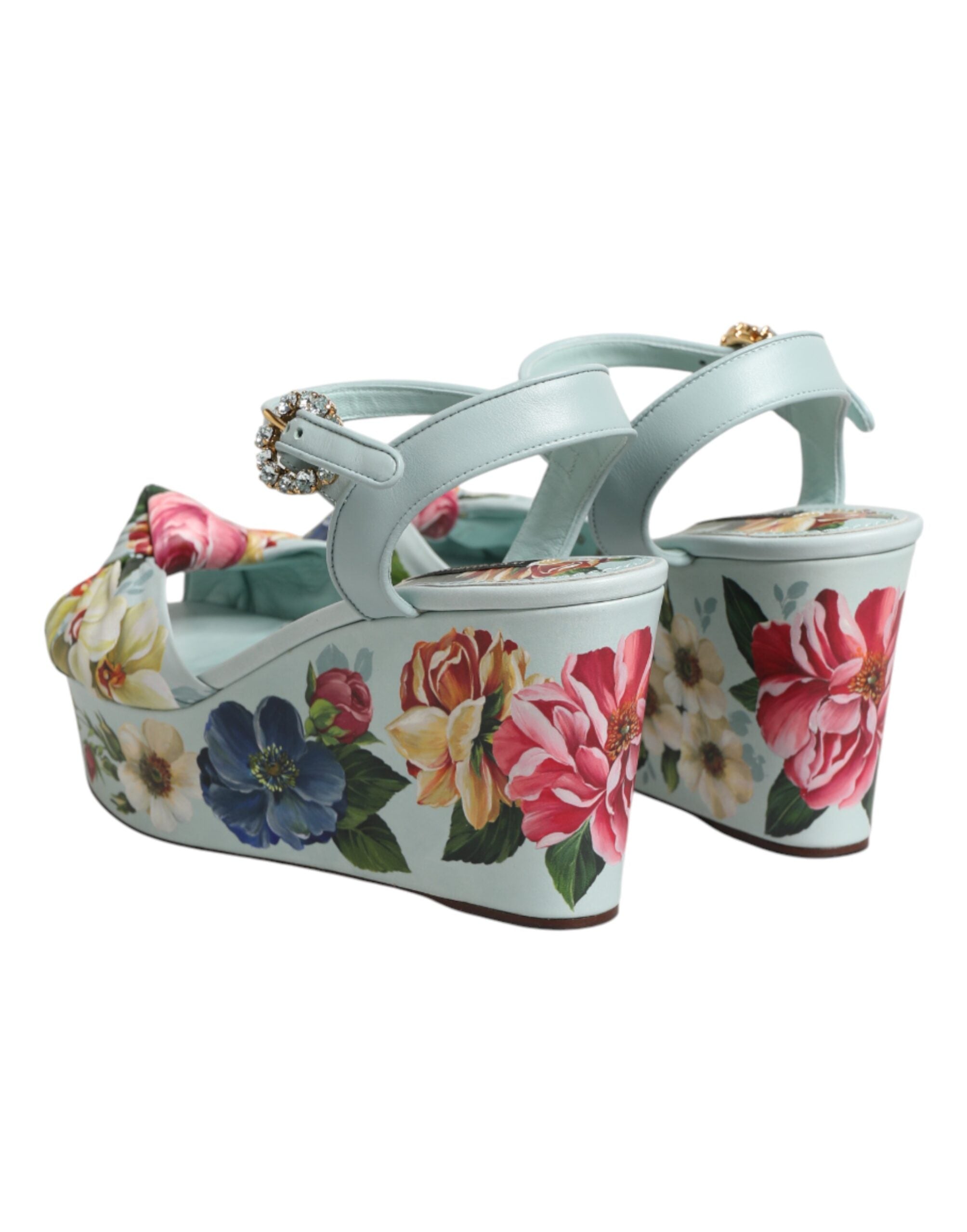 Sandales compensées à talon ankle strap vert floral Dolce & Gabbana, finition élégante et design floral sophistiqué.