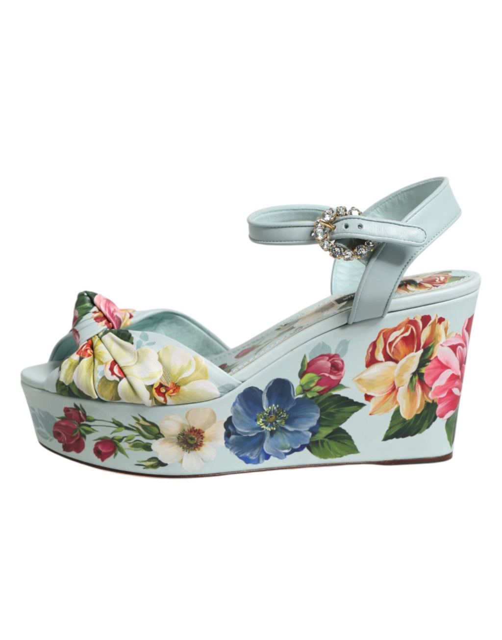 Sandales compensées à bride à la cheville Dolce & Gabbana vertes avec motif floral, vue de côté.