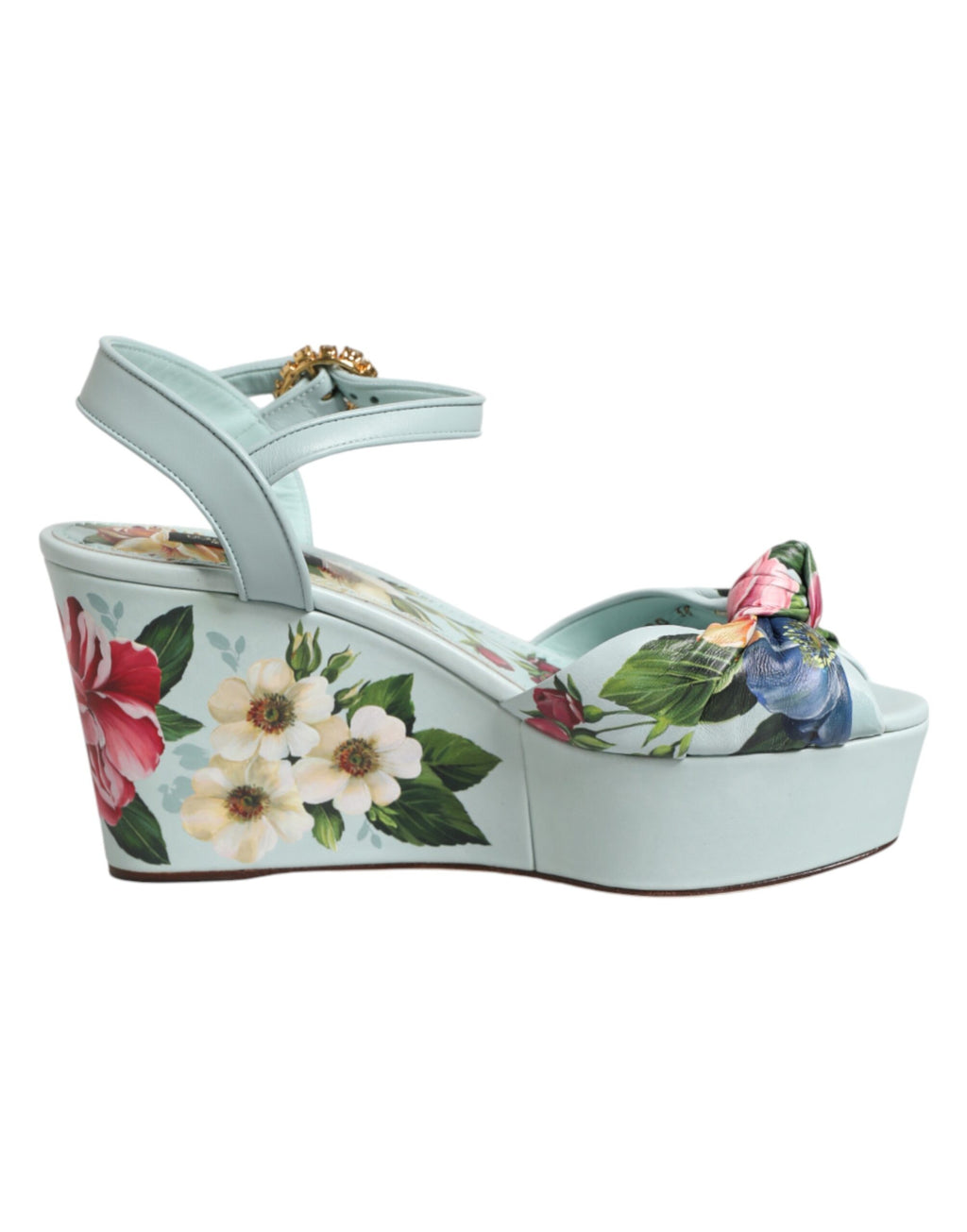 Sandales à talon compensé à bride de cheville Dolce & Gabbana en fleurs vertes, élégantes et estivales.