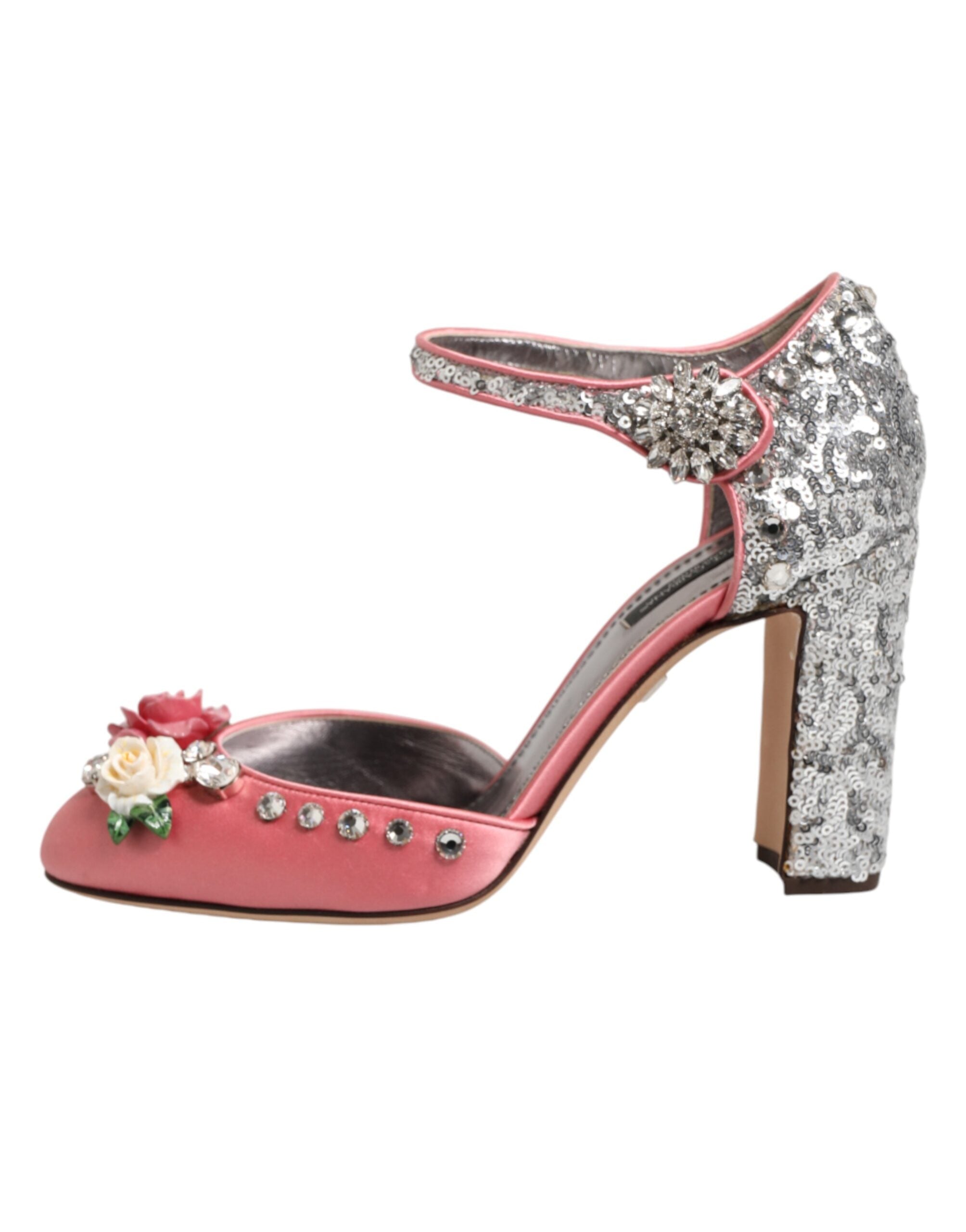 Sandales à talons Dolce & Gabbana en sequins roses avec bride à la cheville, chaussures élégantes et scintillantes.