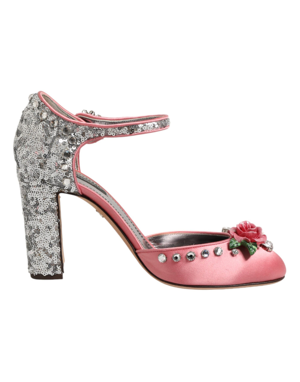 Sandales à talons dorés Dolce & Gabbana avec brides à sequins roses et bride à la cheville, élégantes et lumineuses.